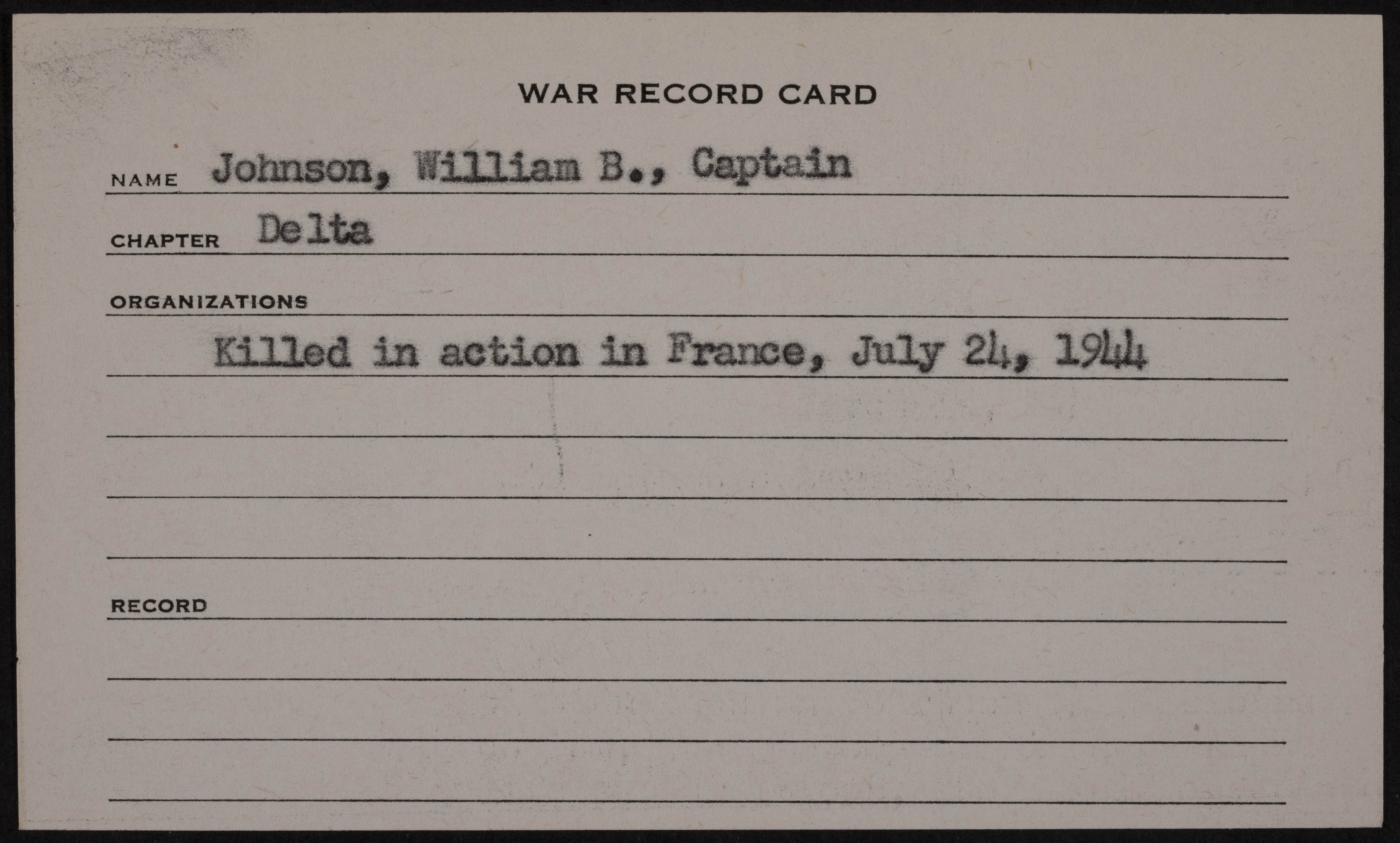 William Bulger Johnson Jr. War Record Card