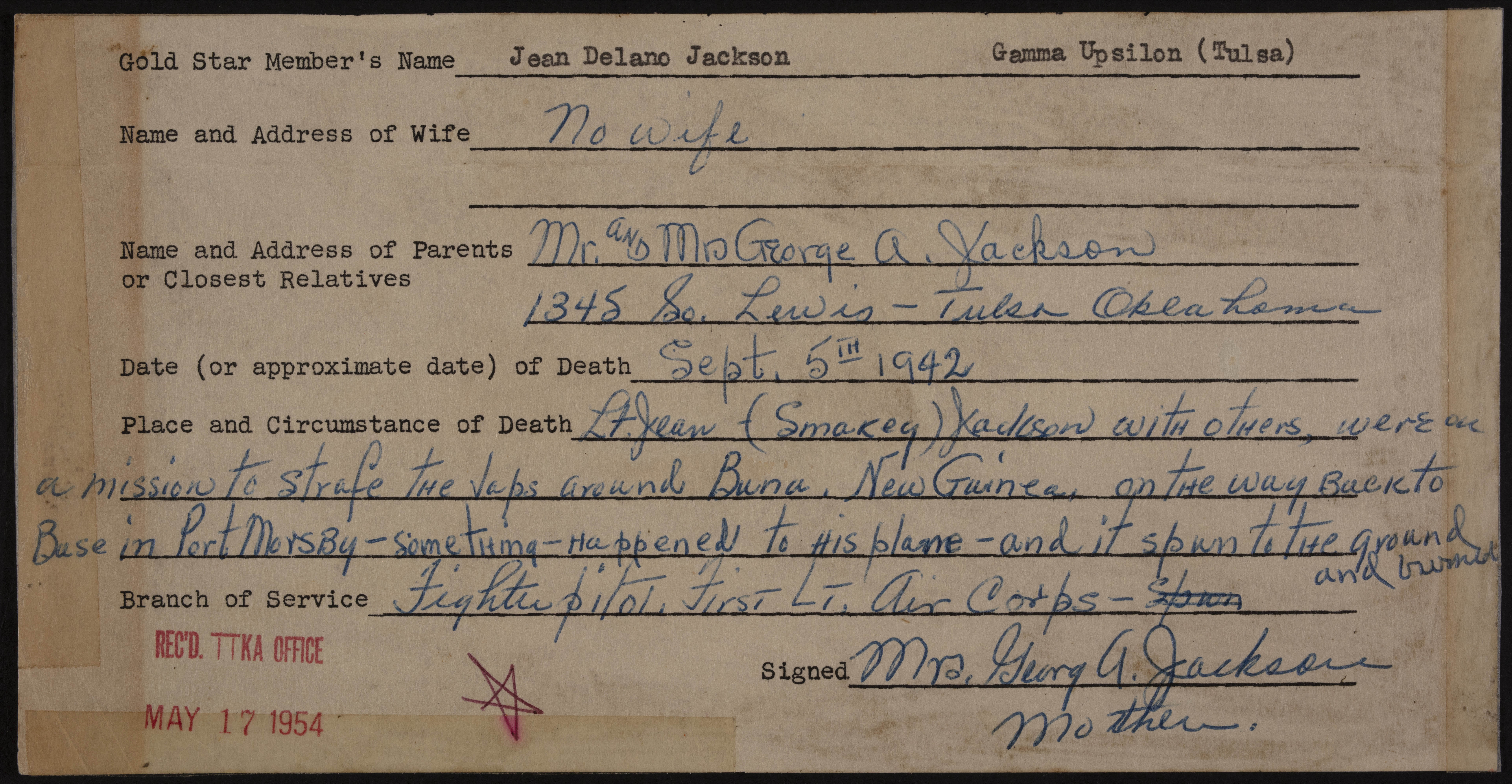 Jean Delano Jackson War Record Form, May 17, 1954