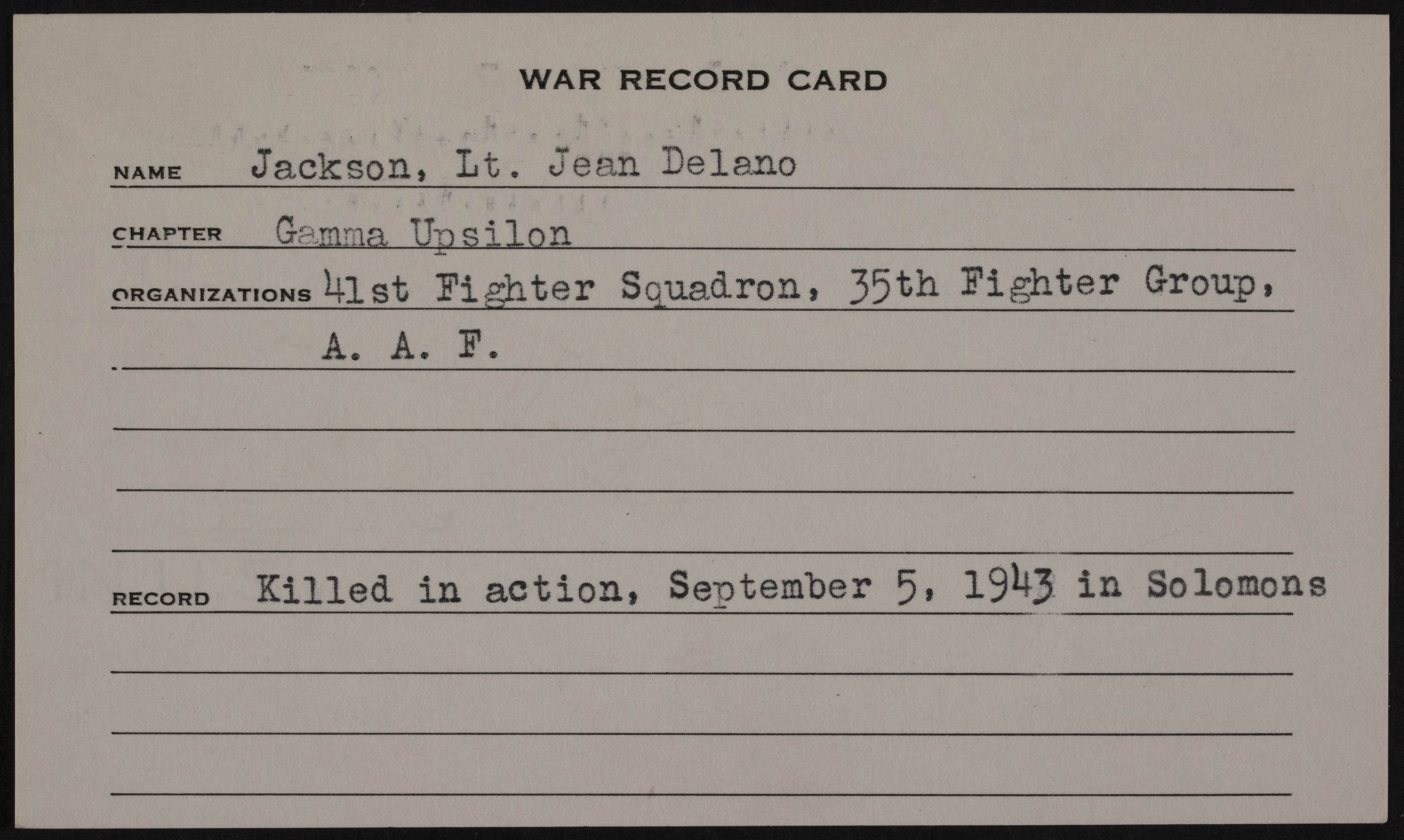 Jean Delano Jackson War Record Card