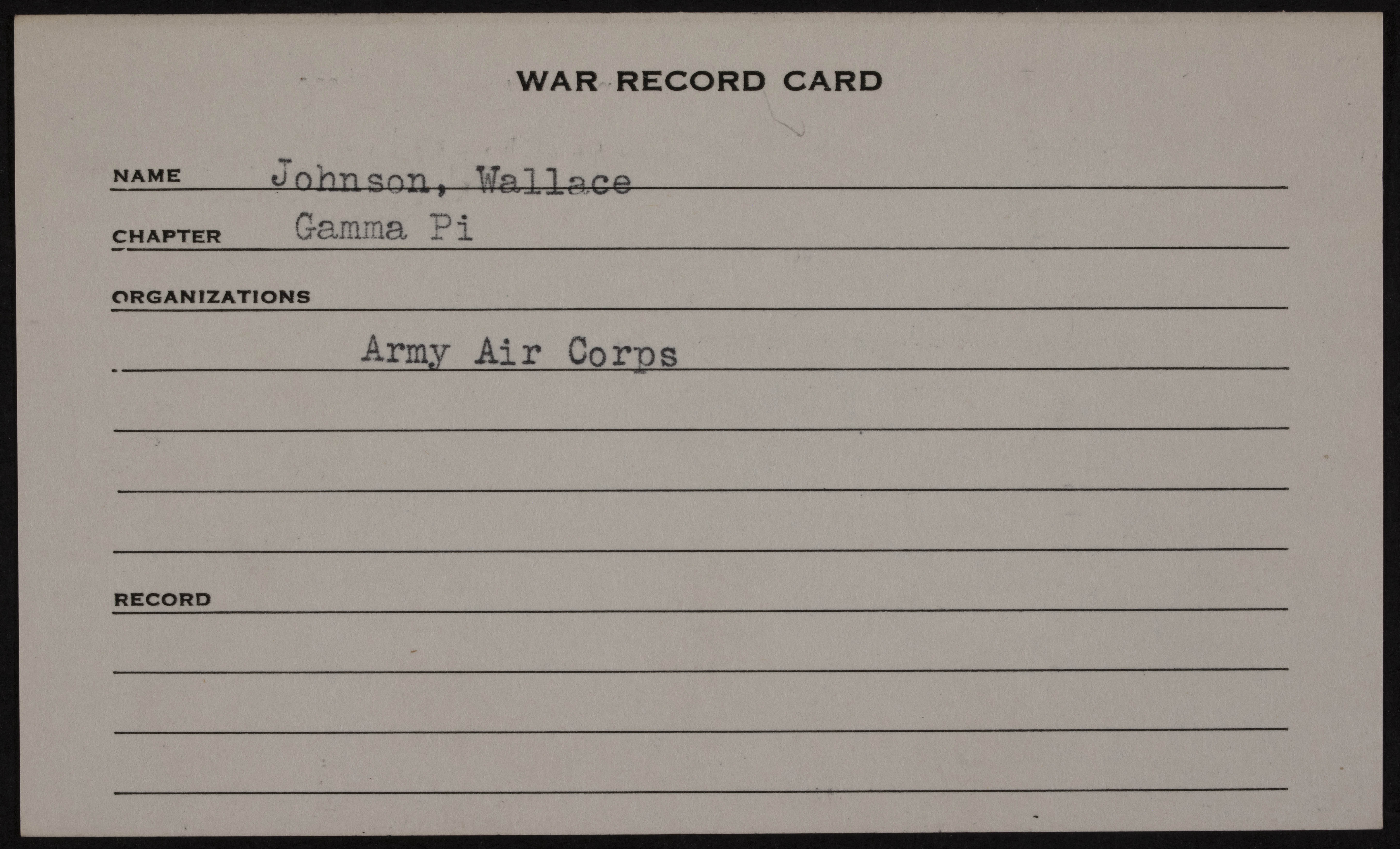 Wallace Richard Johnson War Record Card