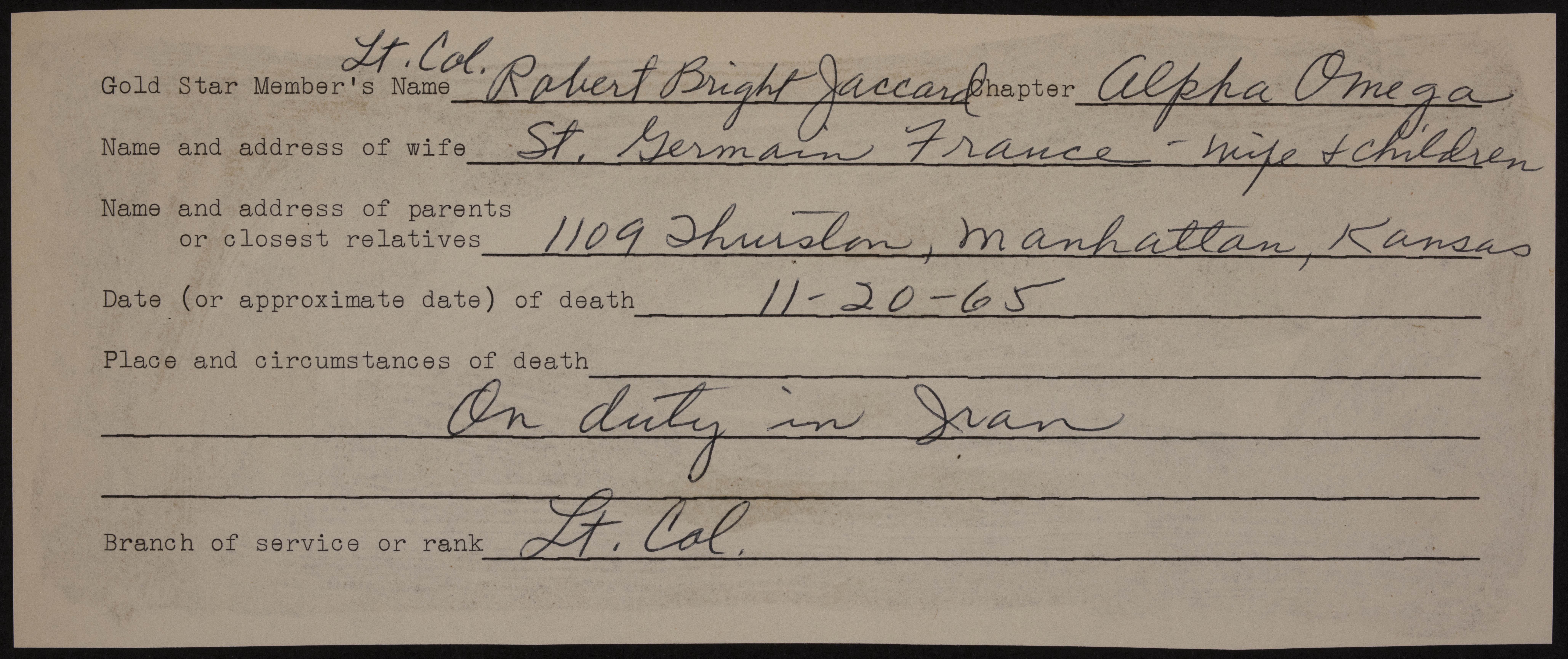 Robert Bright Jaccard War Record Form