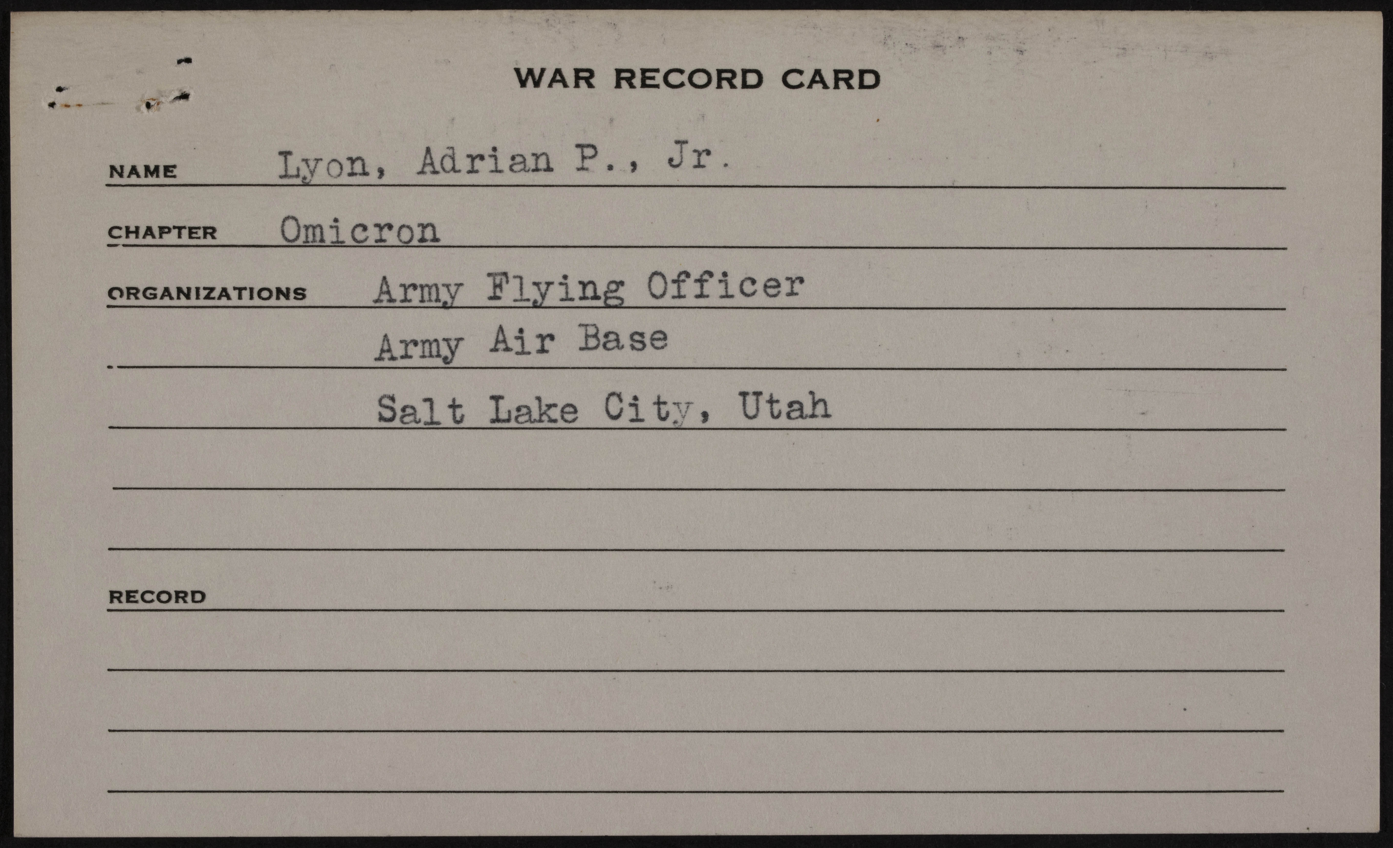 Adrian Pride Lyon Jr. War Record Card
