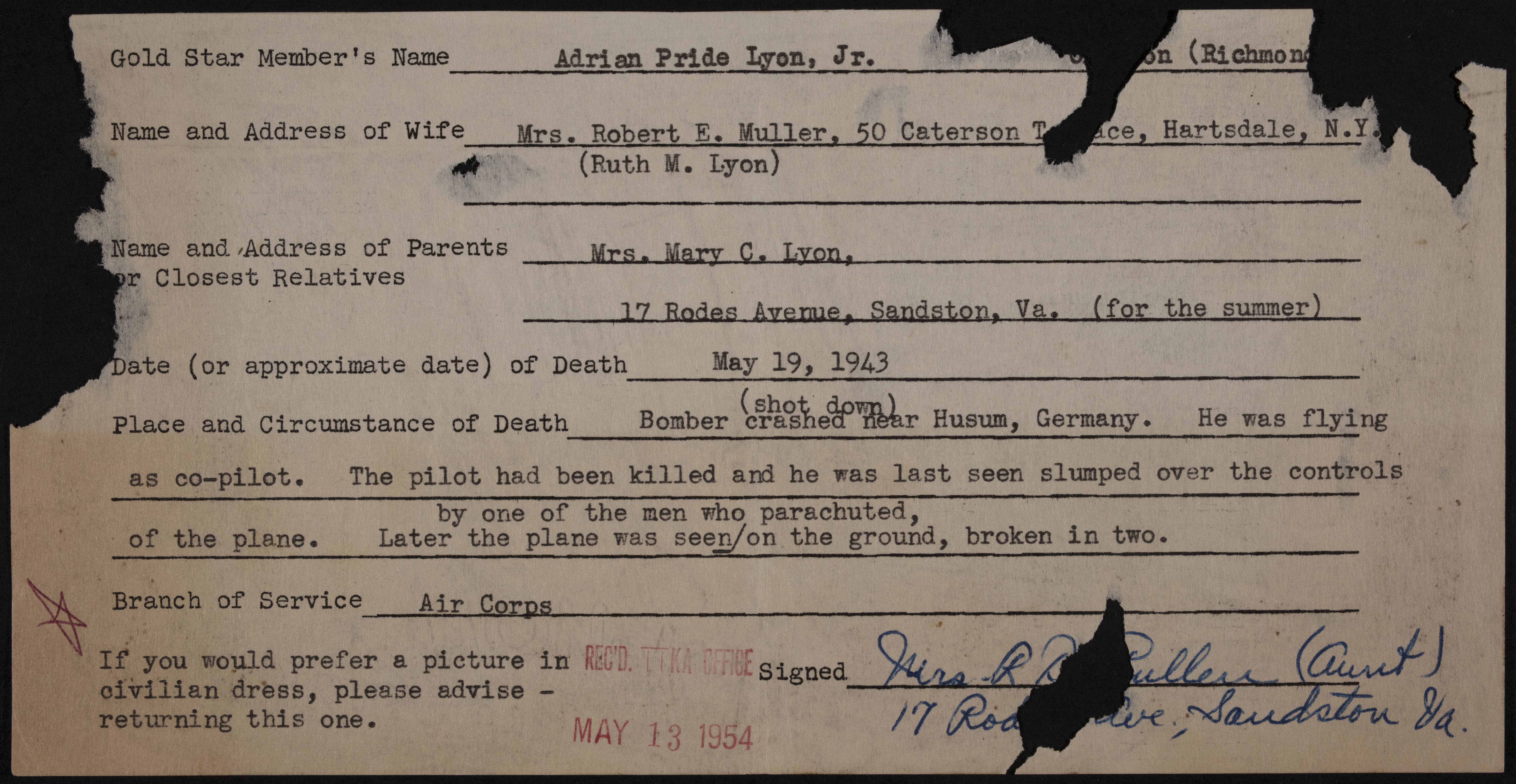 Adrian Pride Lyon Jr. War Record Form, May 13, 1954