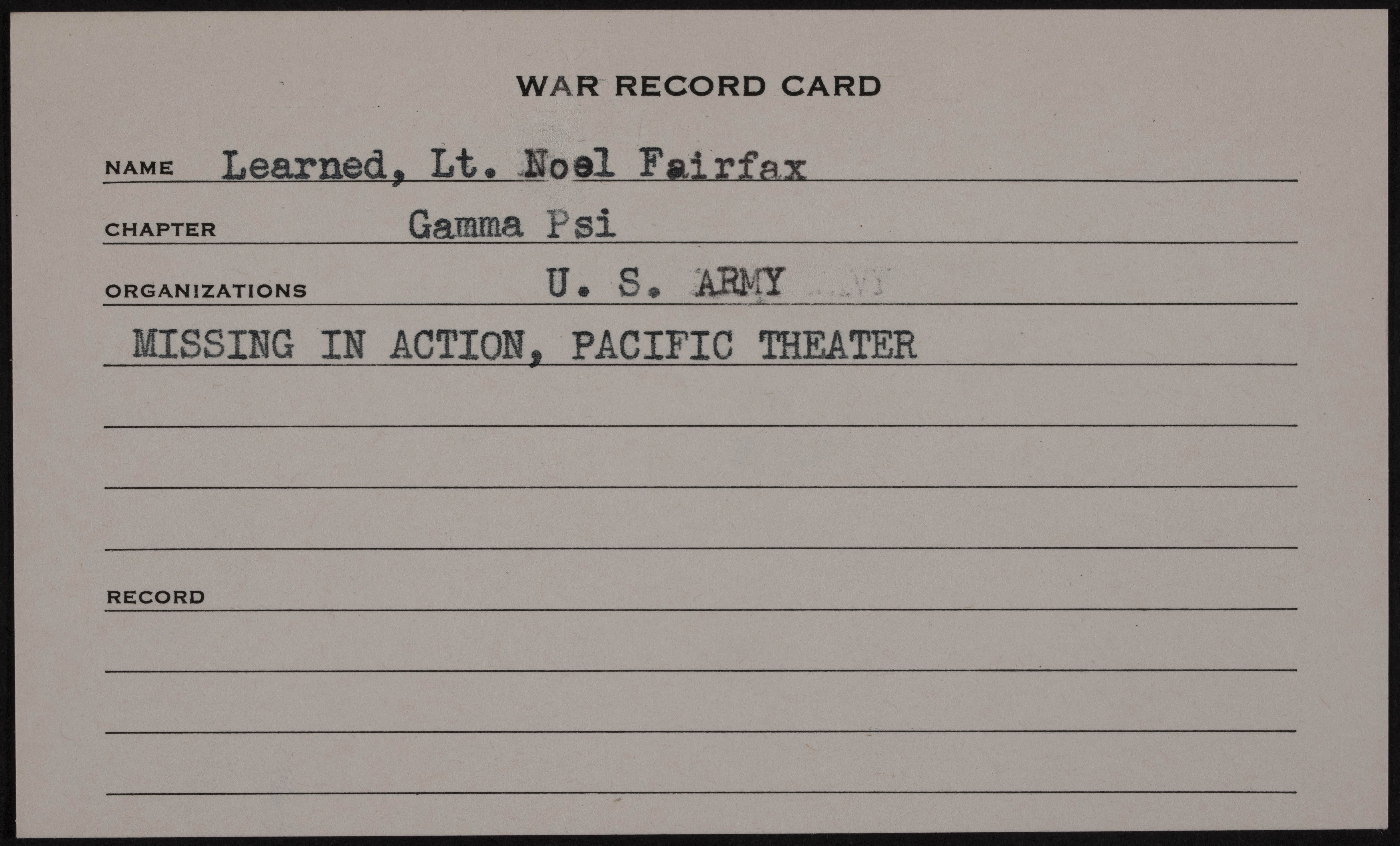 Noel Fairfax Learned War Record Card
