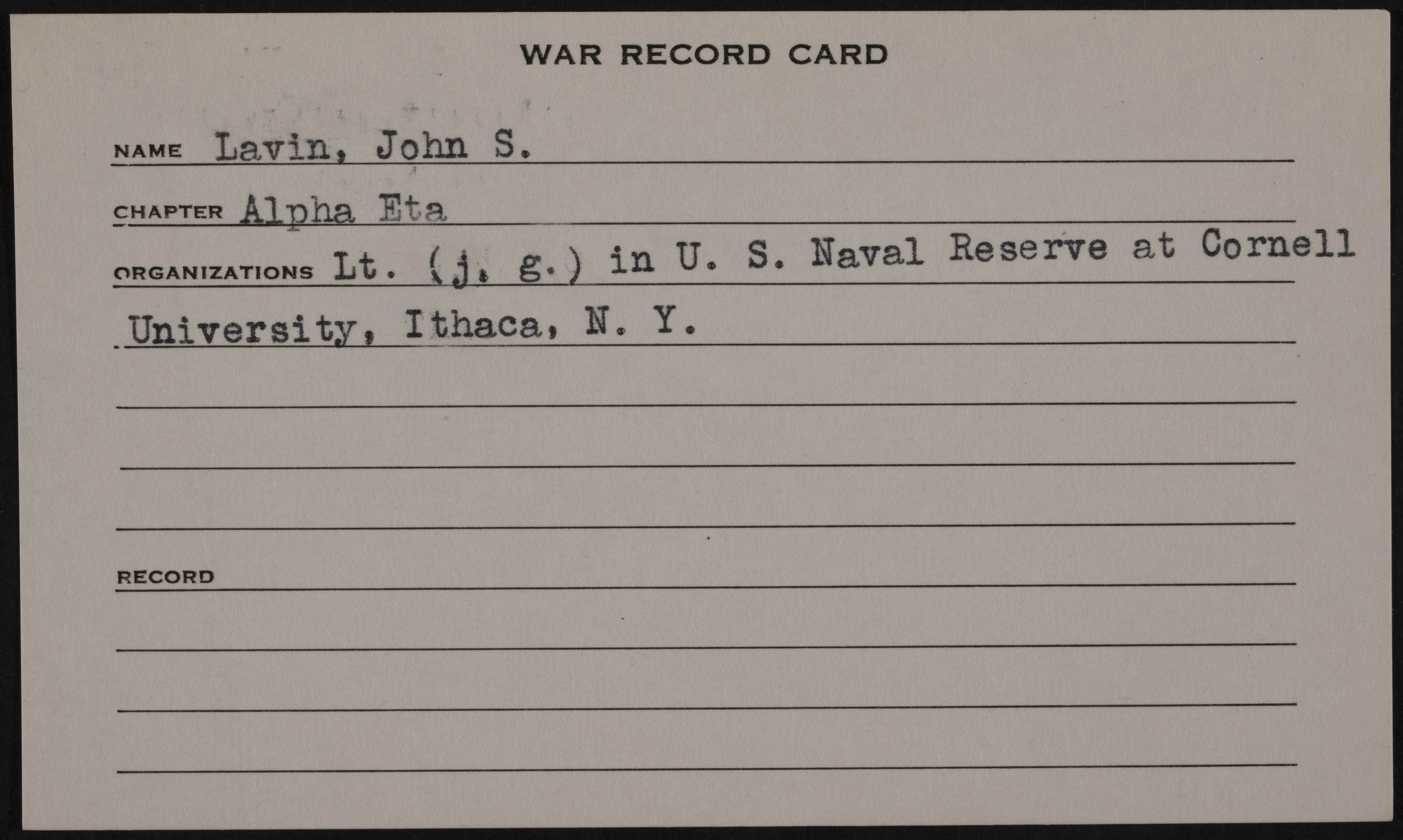 John Stevens Michael Lavin War Record Card