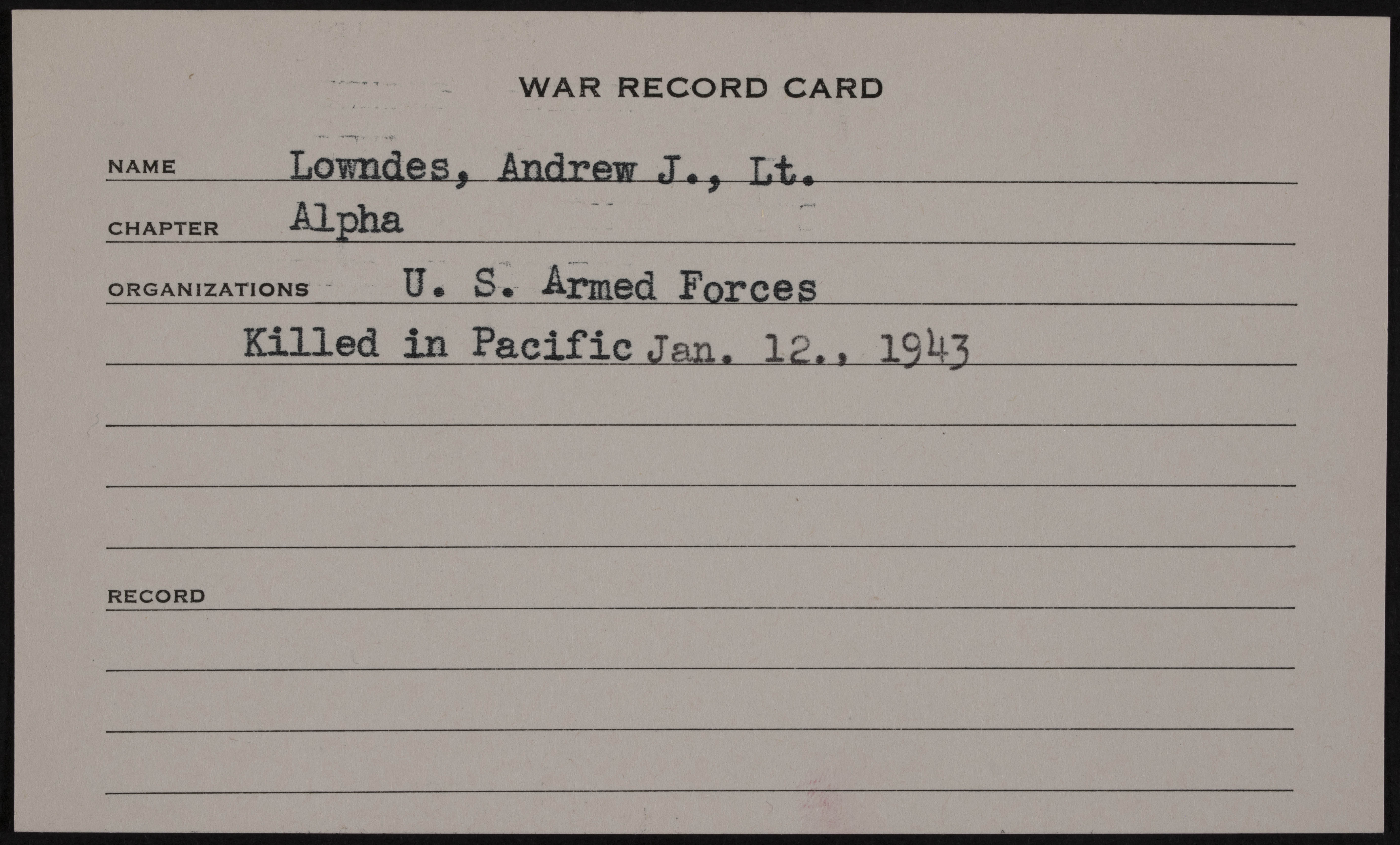 Andrew Jackson Lowndes War Record Card