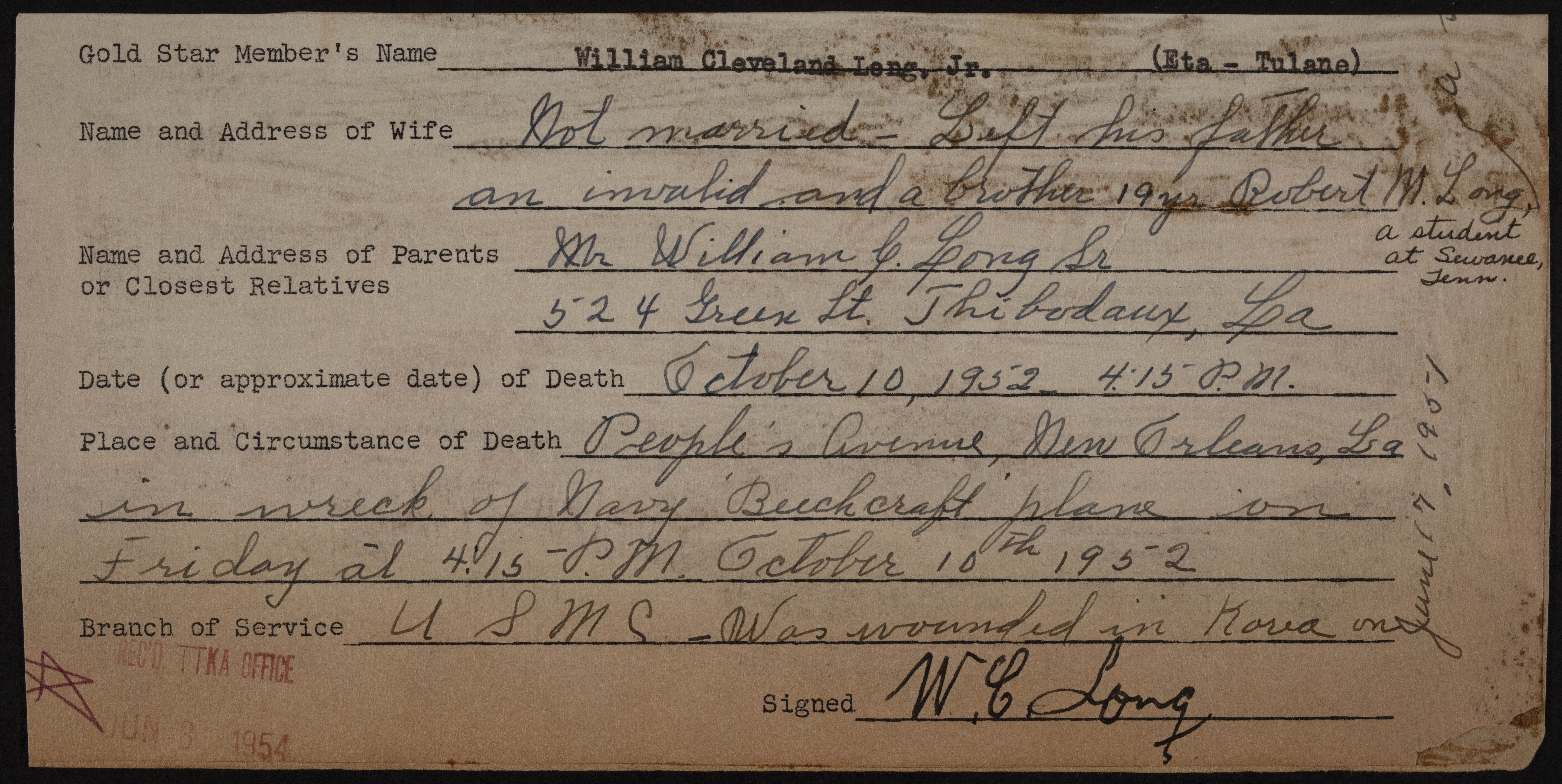 William Cleveland Long, Jr. War Record Card