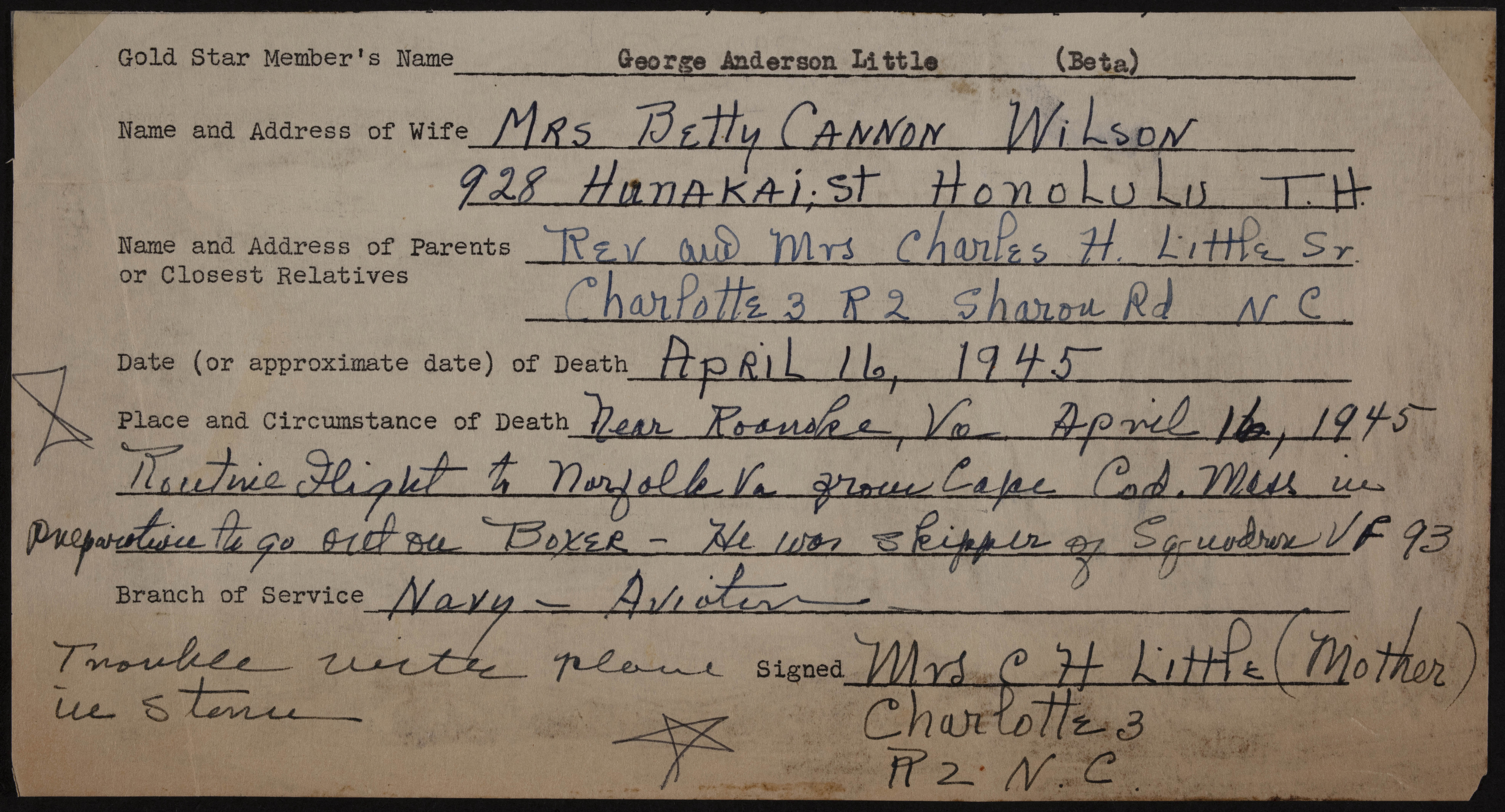 George Anderson Little War Record Form