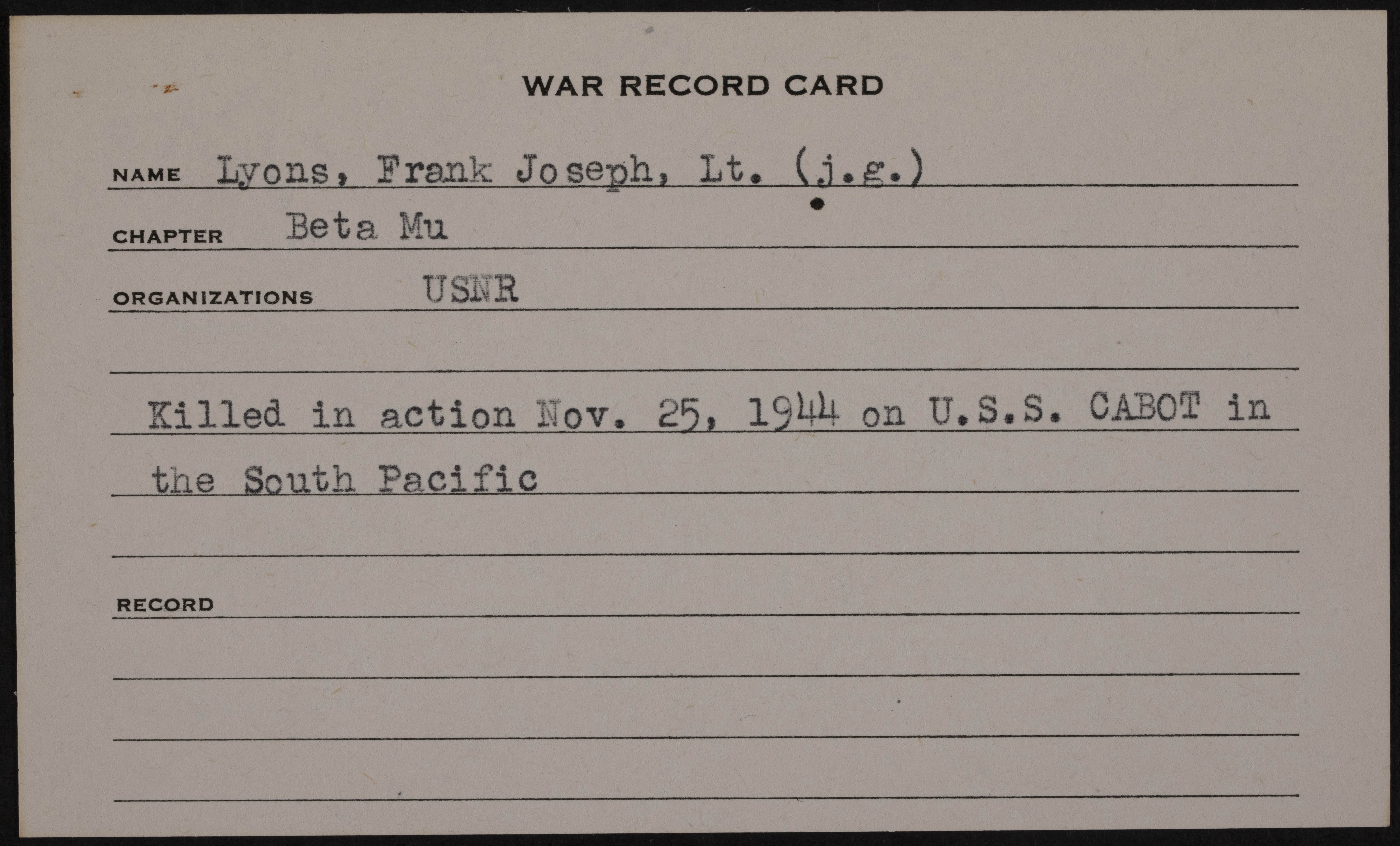 Frank Joseph Lyons War Record Card