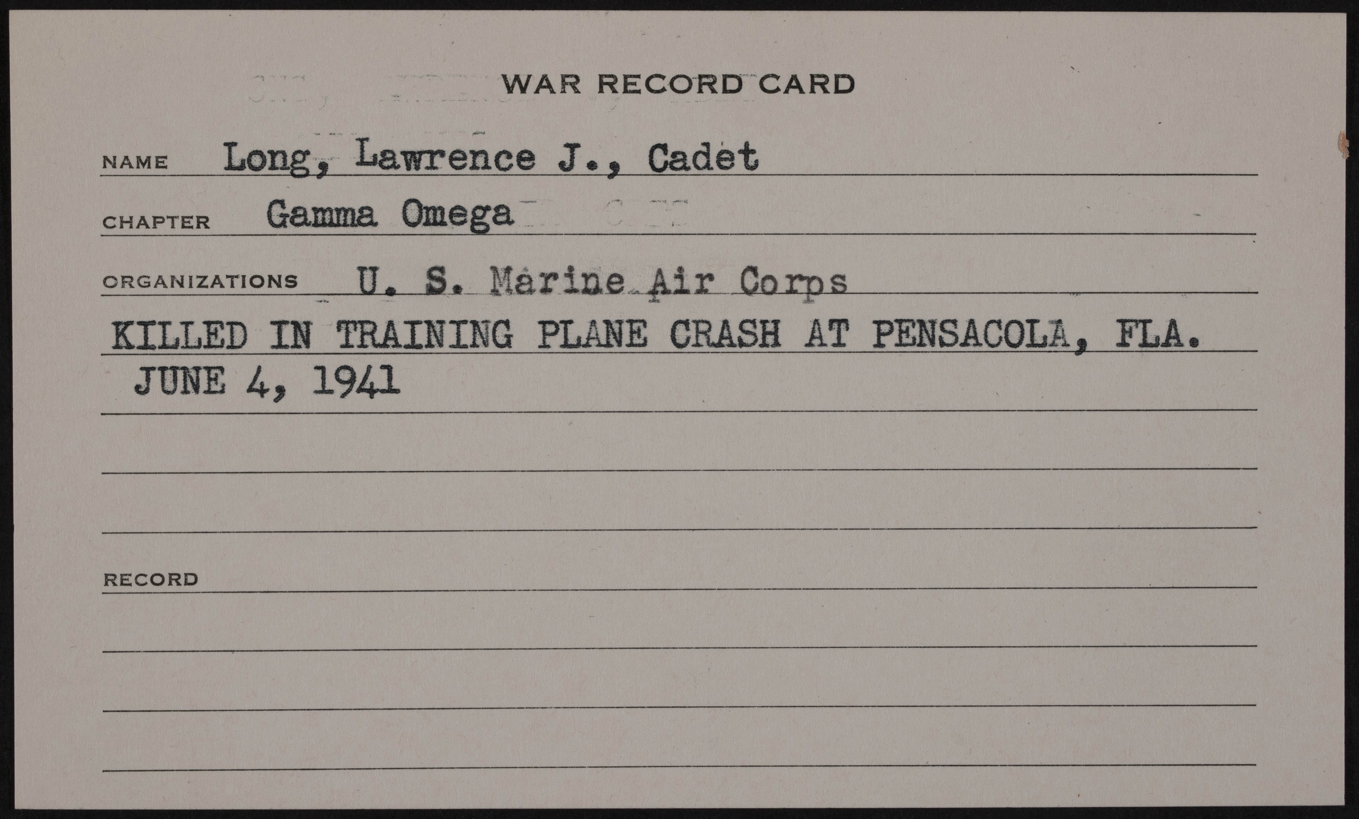 Lawrence James Long Jr. War Record Card