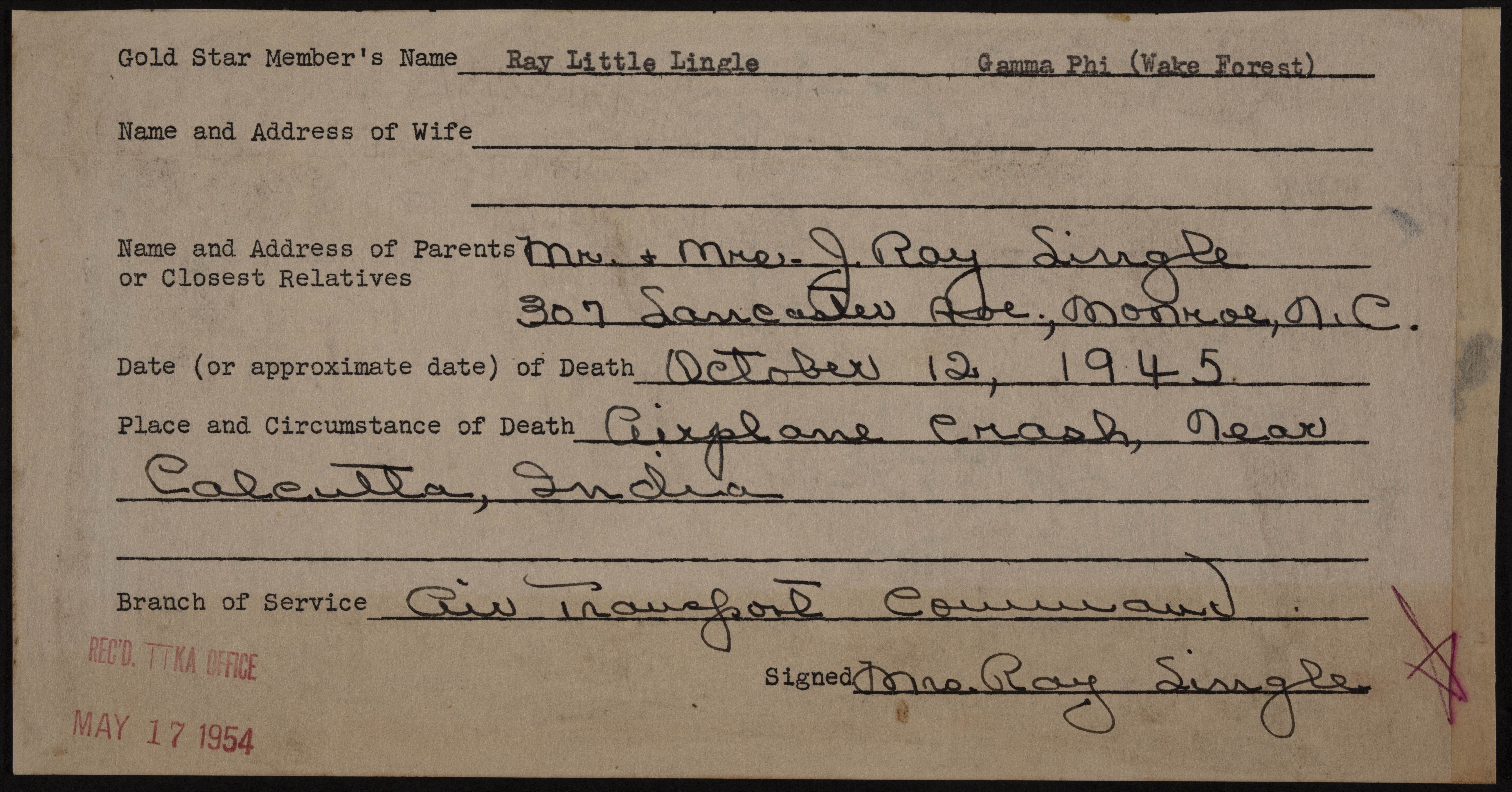 Ray Little Lingle War Record Form, May 17, 1954