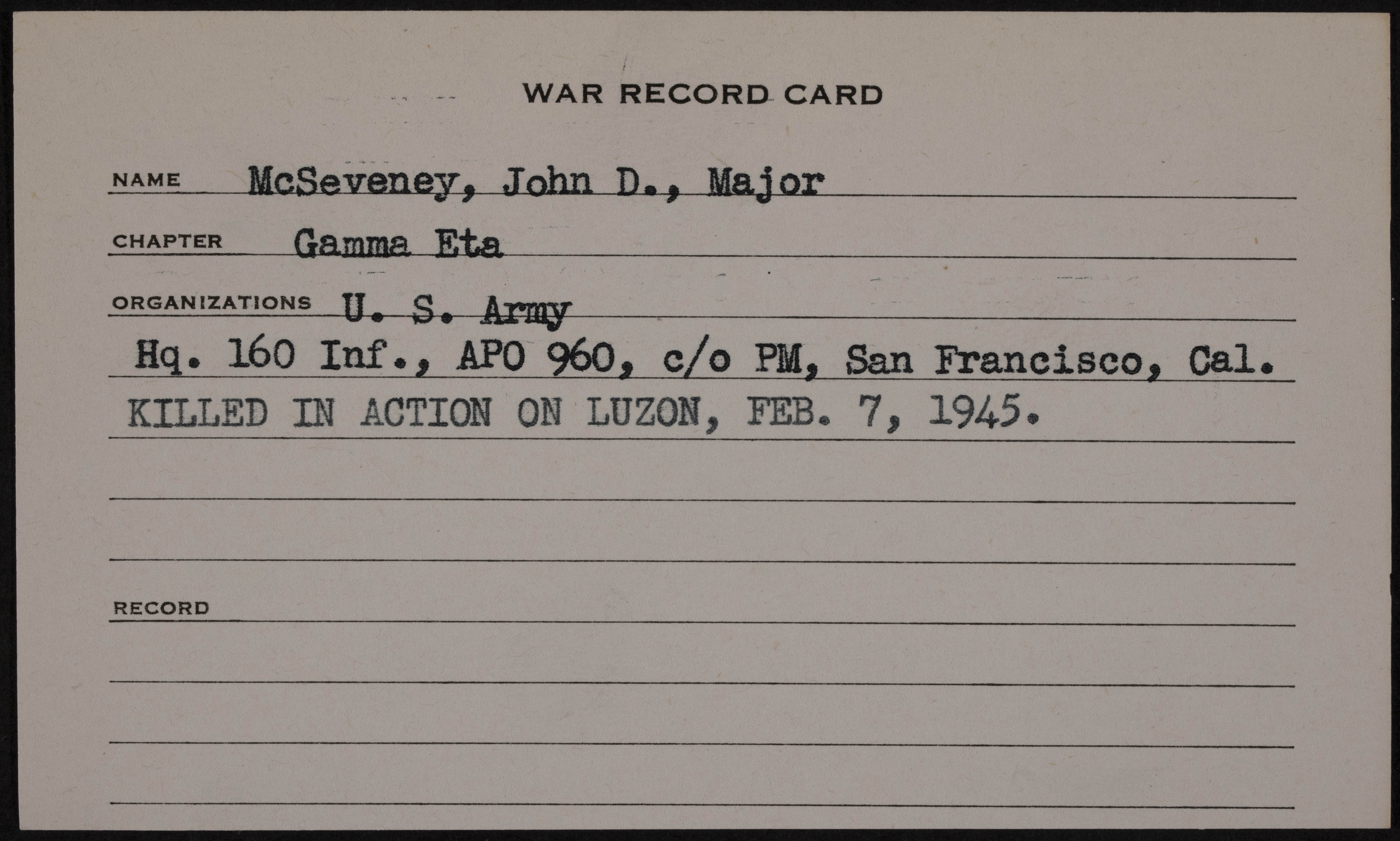 John David McSevney War Record Card