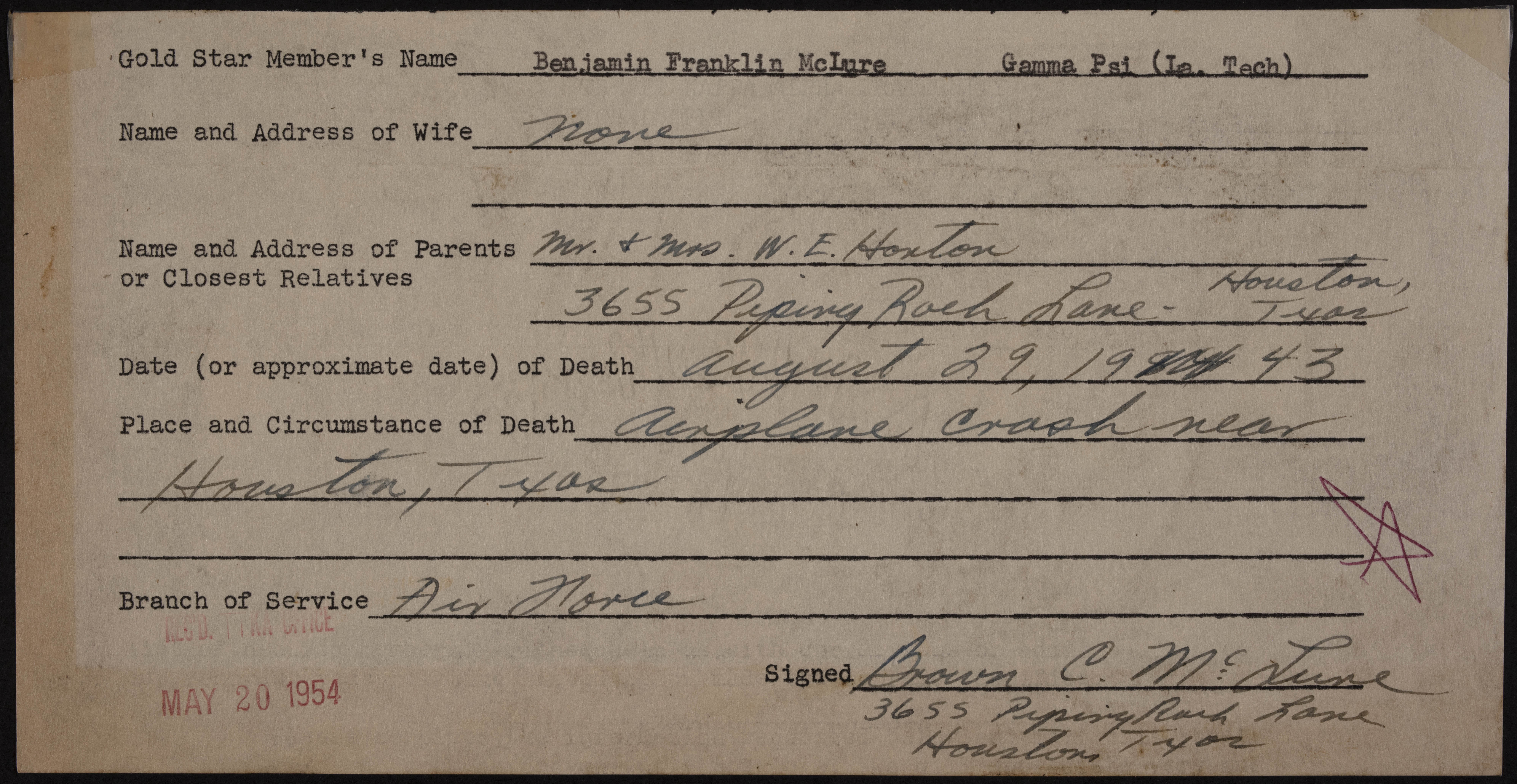 Benjamin Franklin McLure War Record Form, May 20, 1954