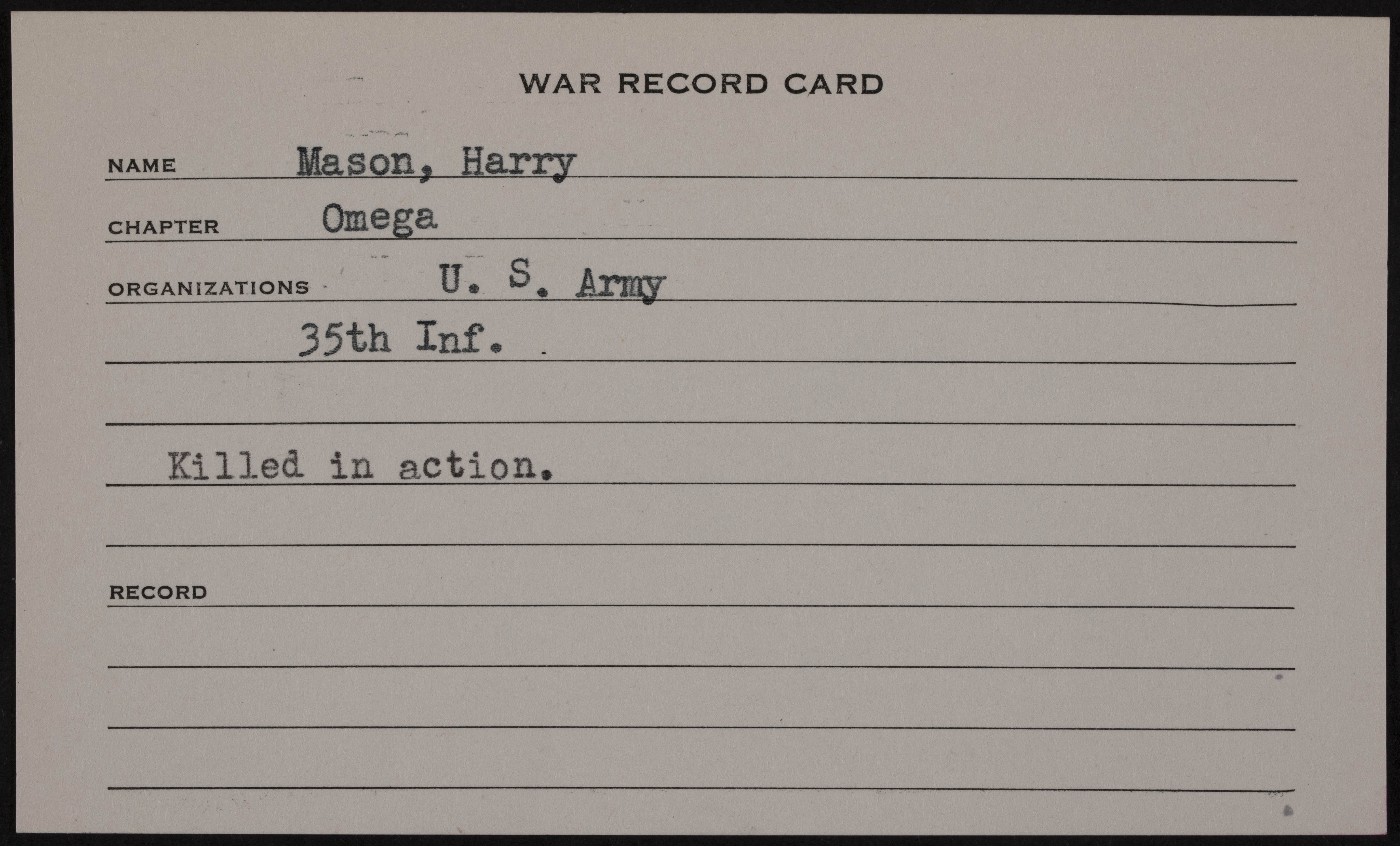 Harry Mason War Record Card