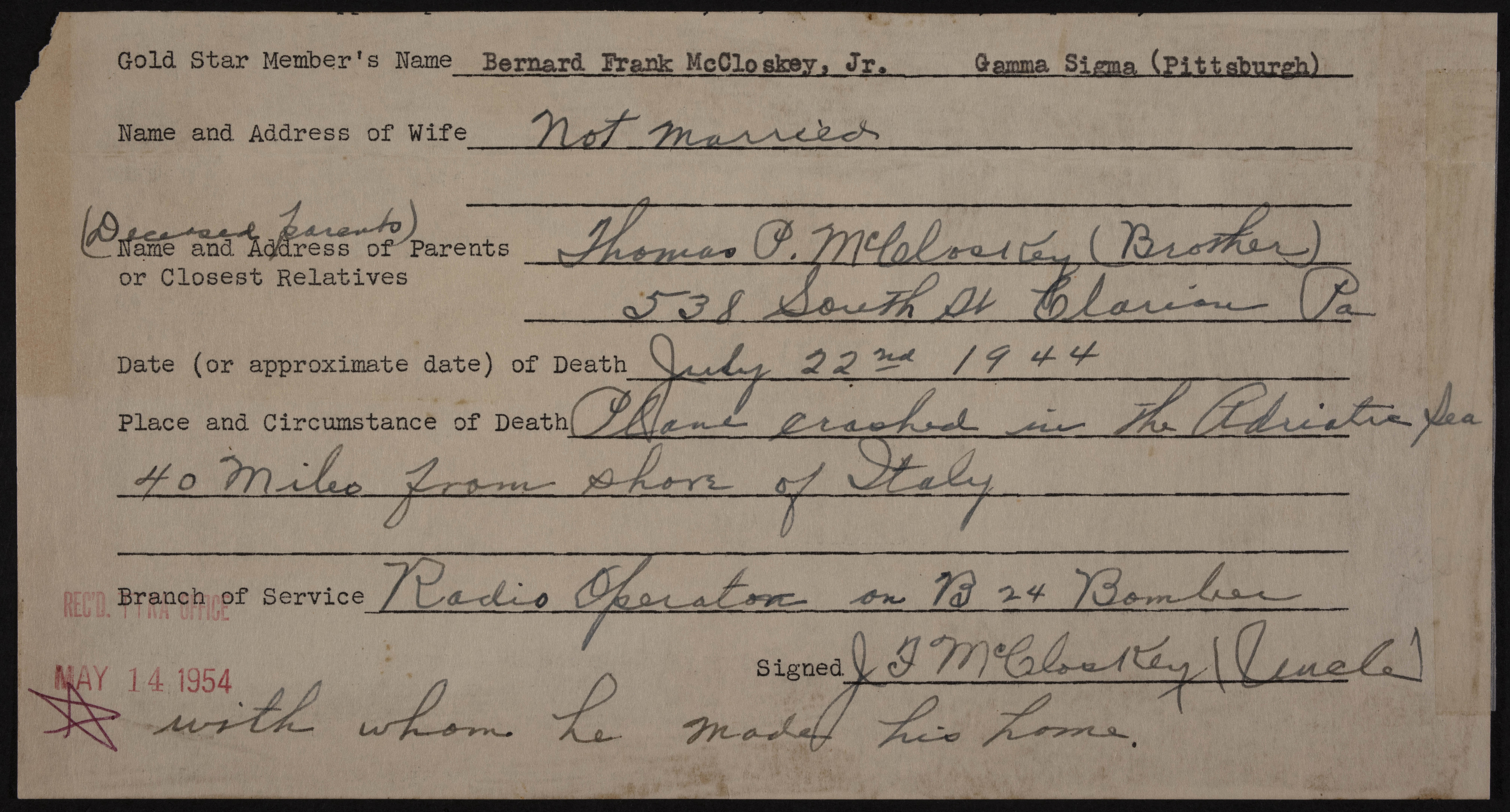 Bernard Frank McCloskey Jr. War Record Form, May 14, 1954