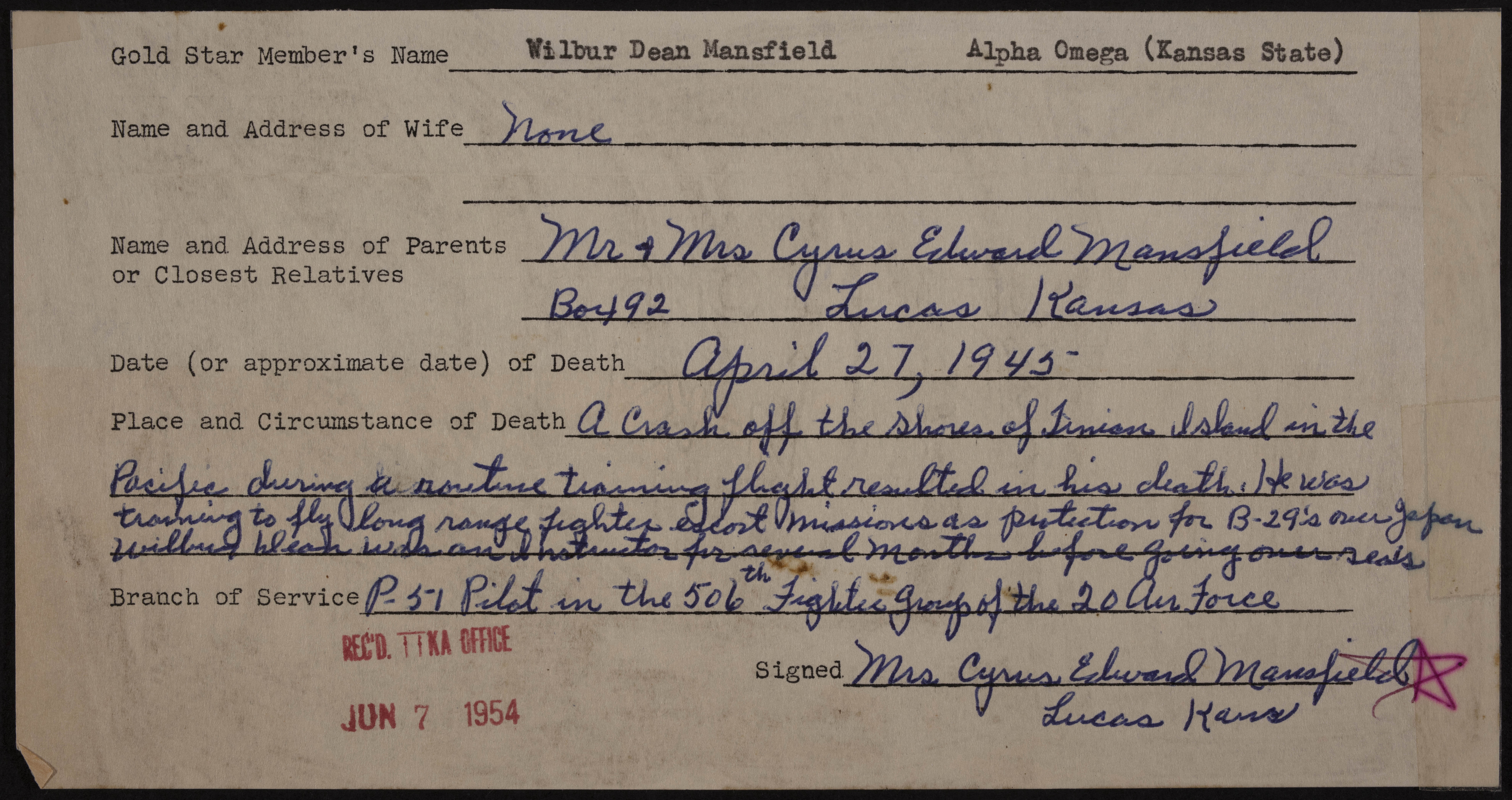 Wilbur Dean Mansfield War Record Form, June 7, 1954
