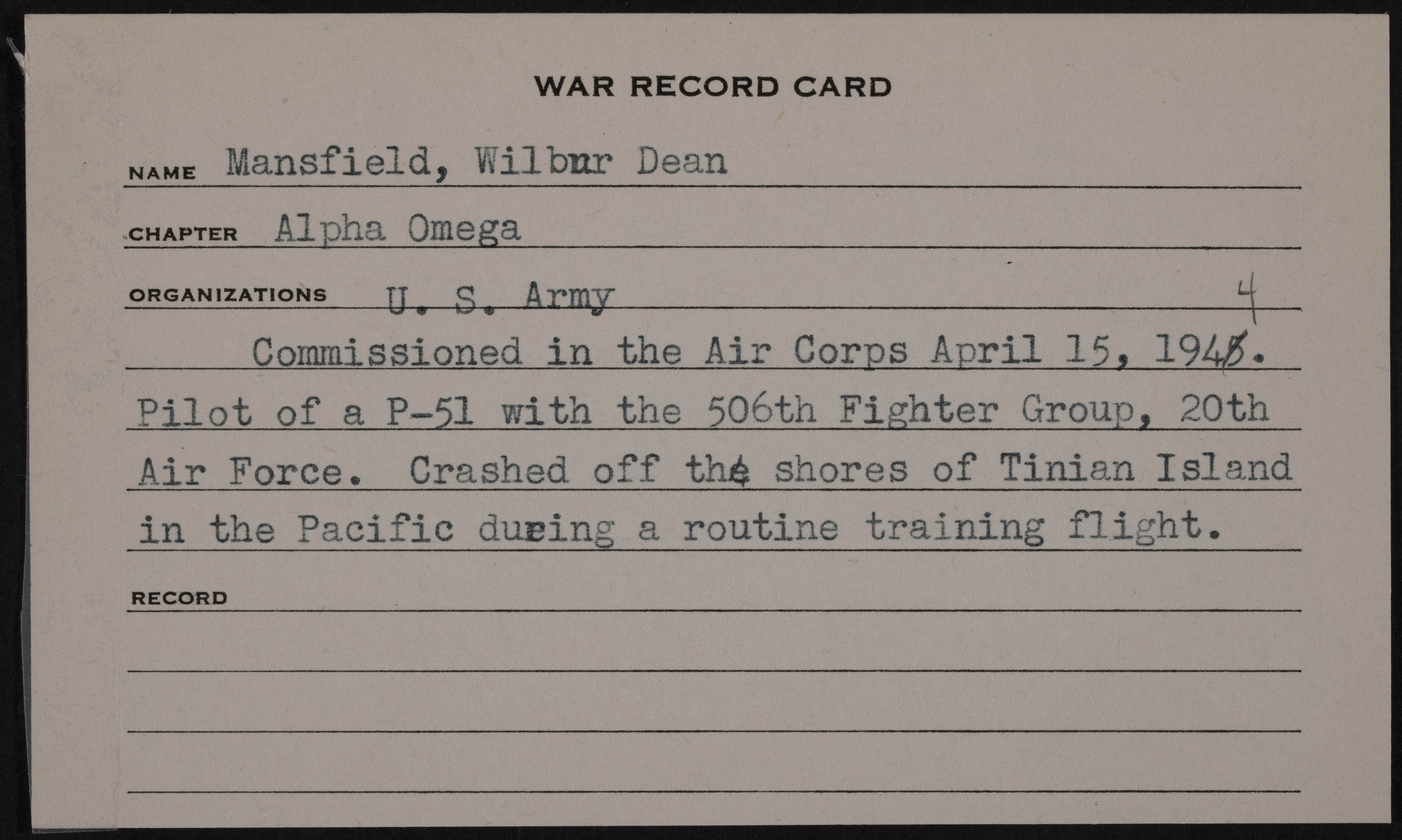 Wilbur Dean Mansfield War Record Card