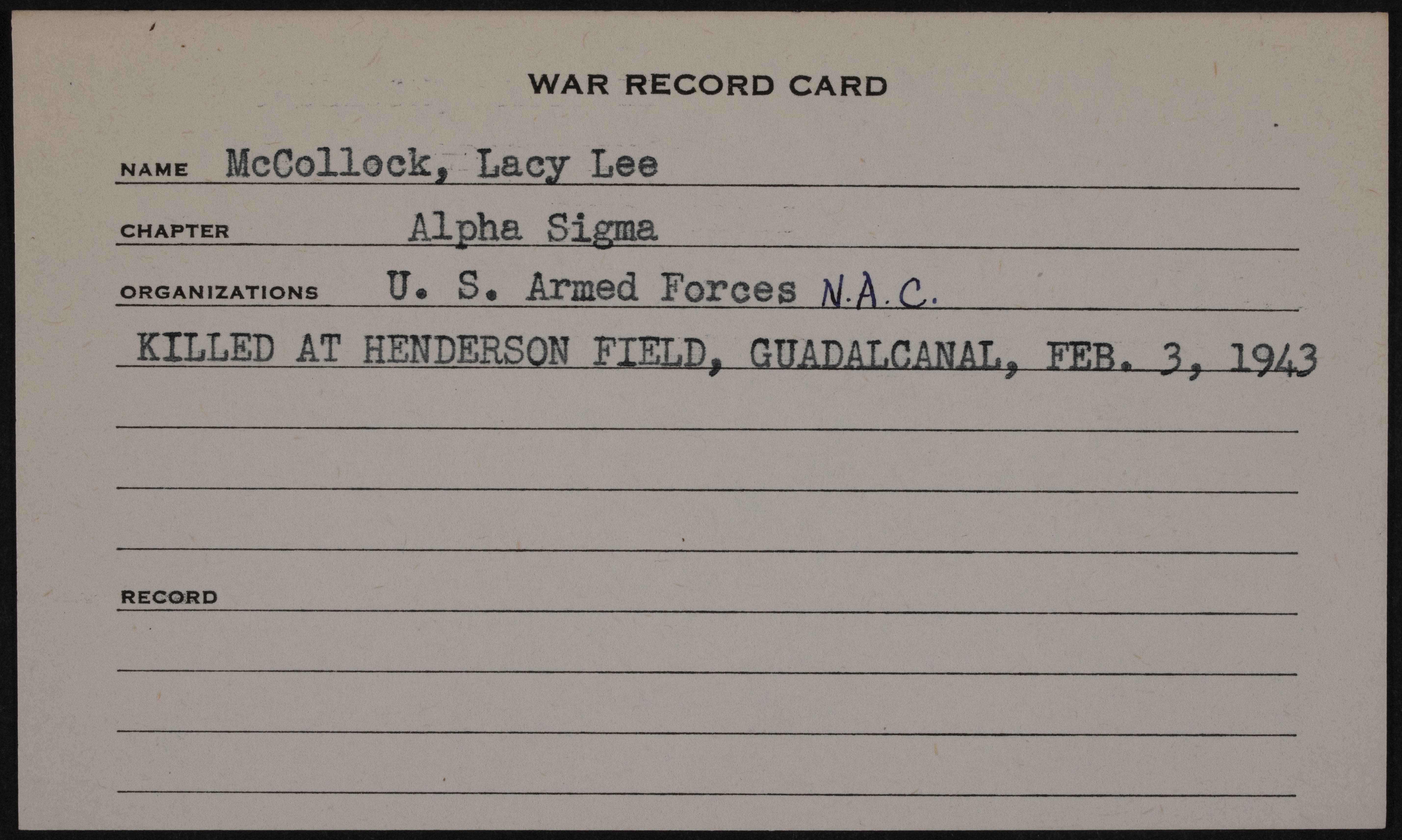 Lacy Lee McColloch War Record Card
