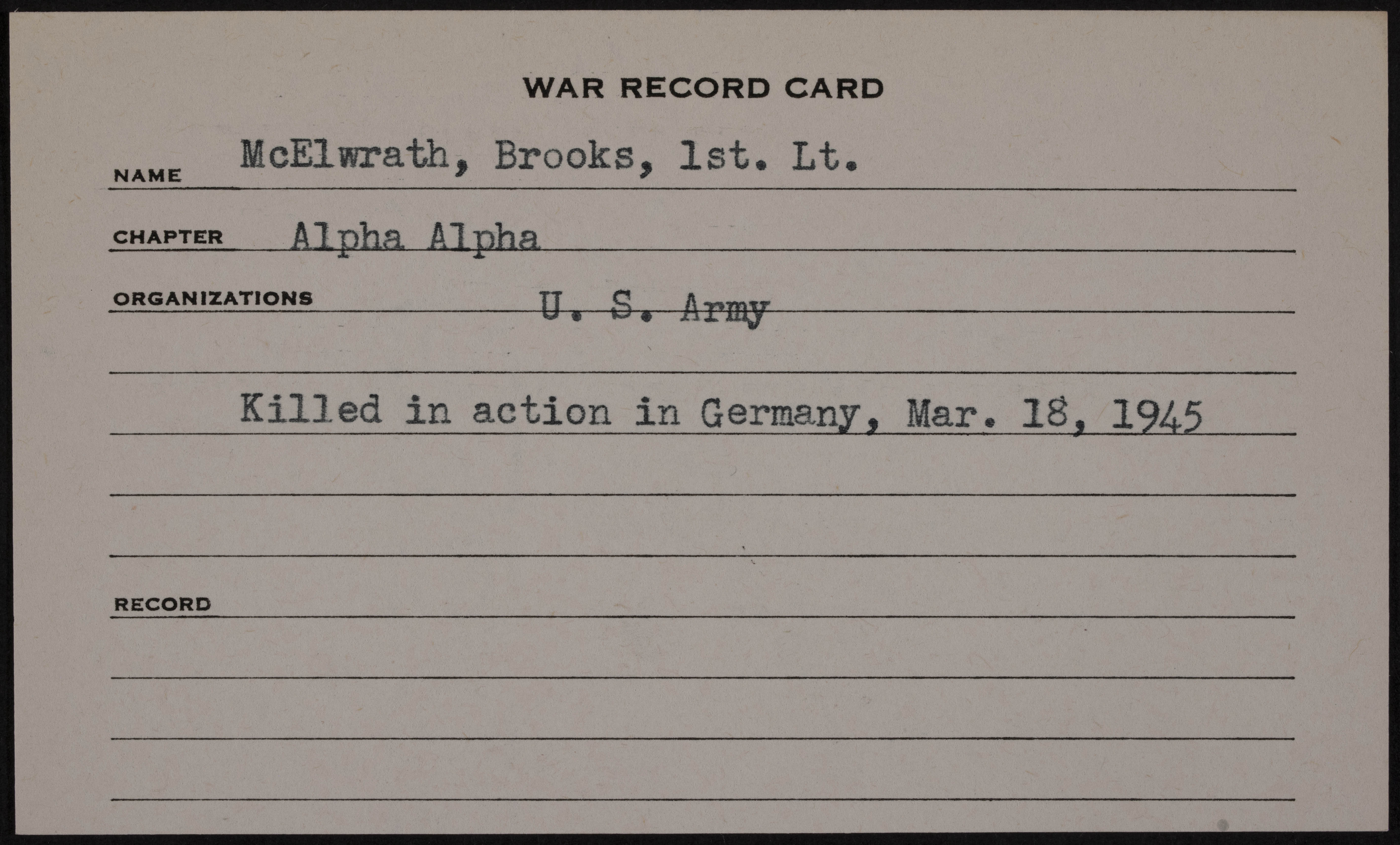 Brooks McElwrath War Record Card