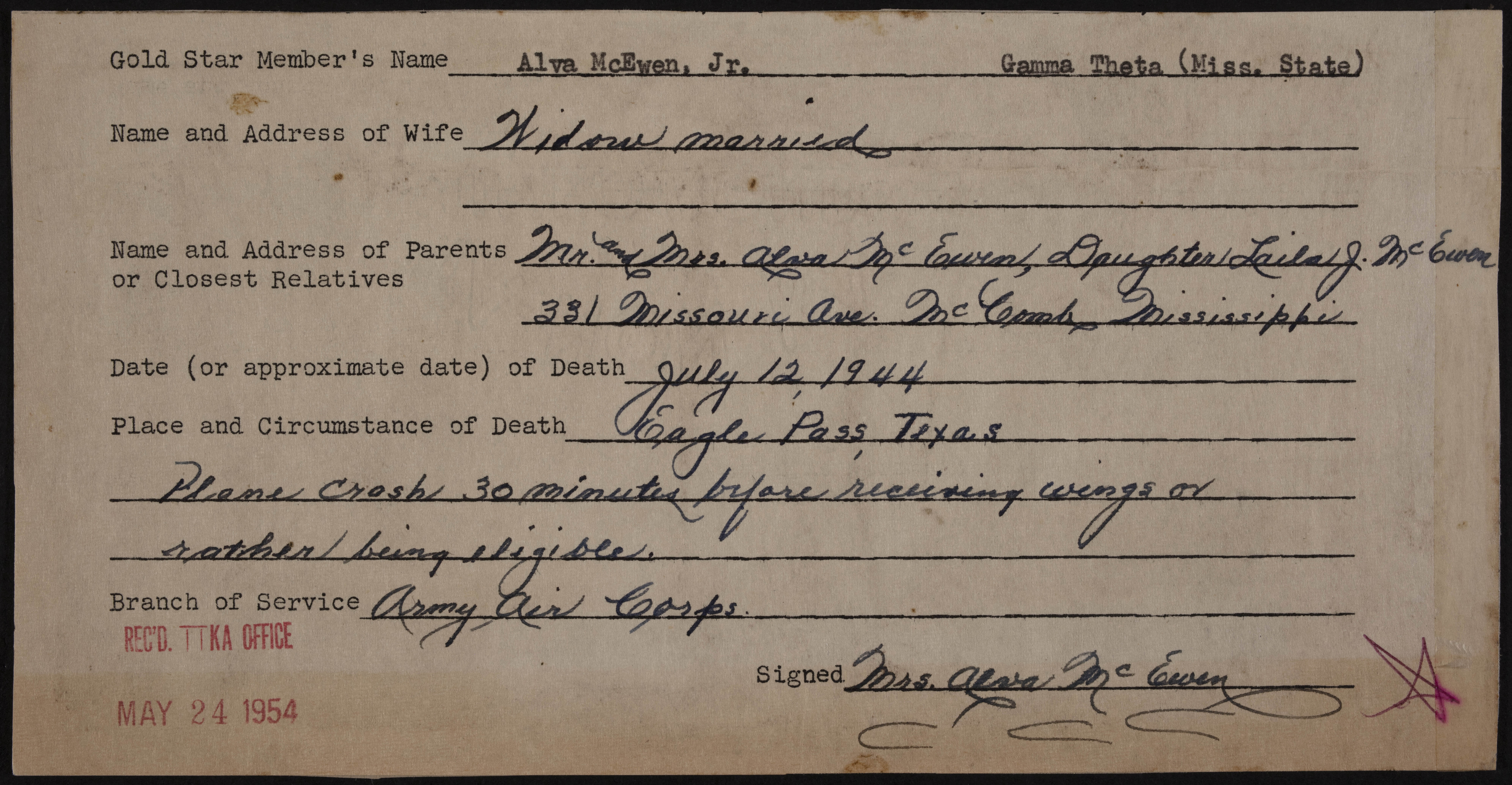 Alva McEwen Jr. War Record Form, May 24, 1954
