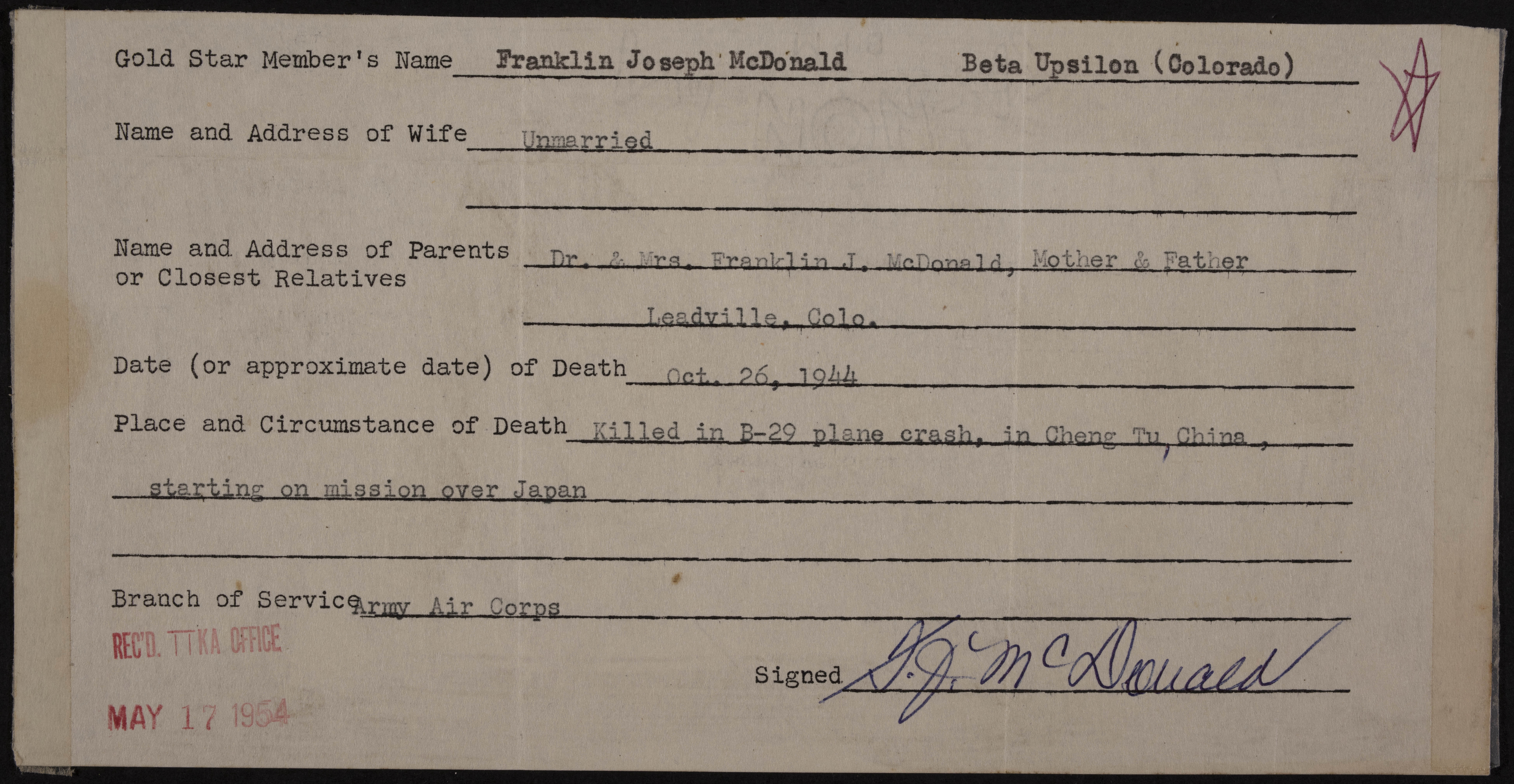 Franklin Joseph McDonald Jr. War Record Form, May 17, 1954