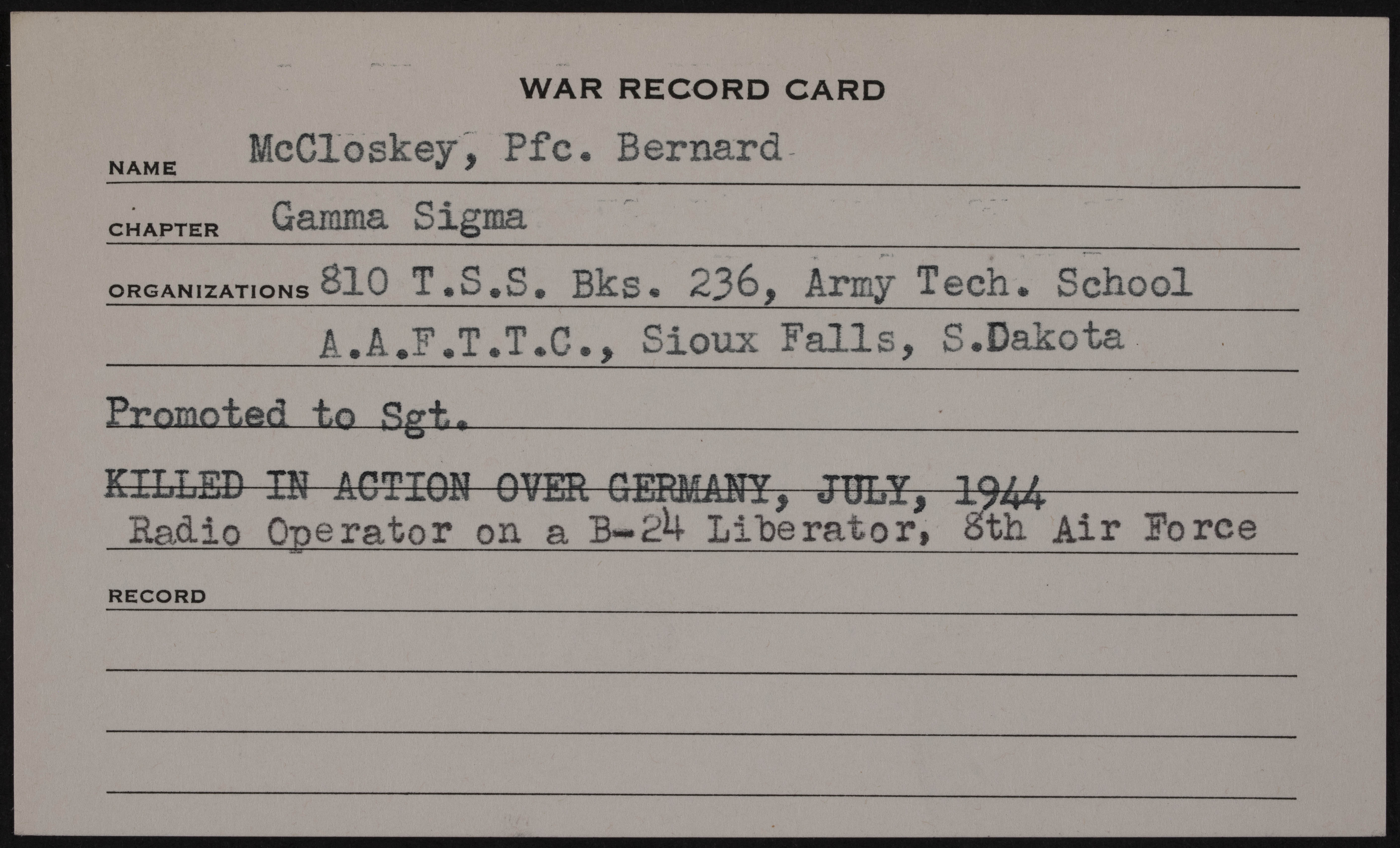 Bernard Frank McCloskey Jr. War Record Card