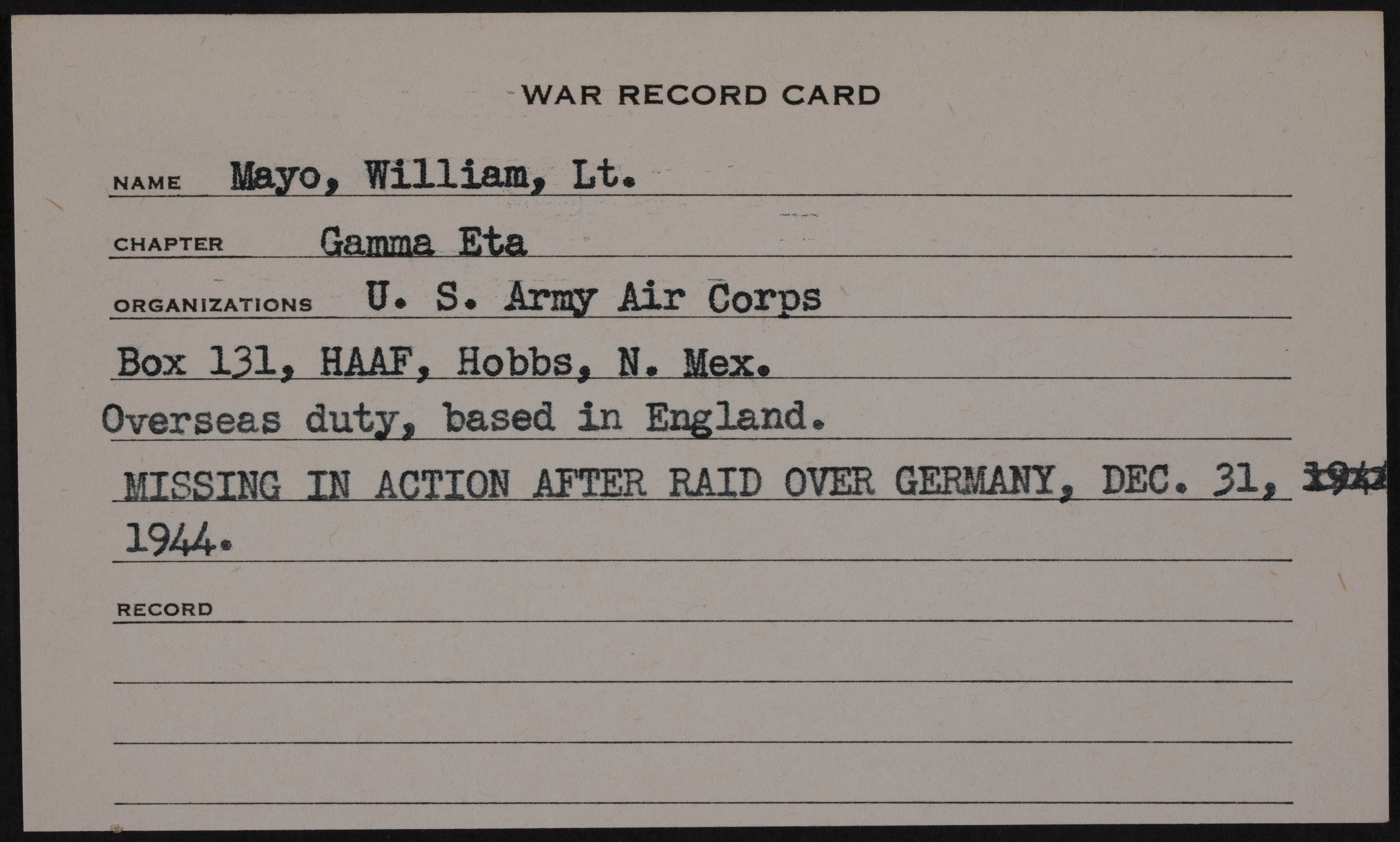 William Mayo War Record Card
