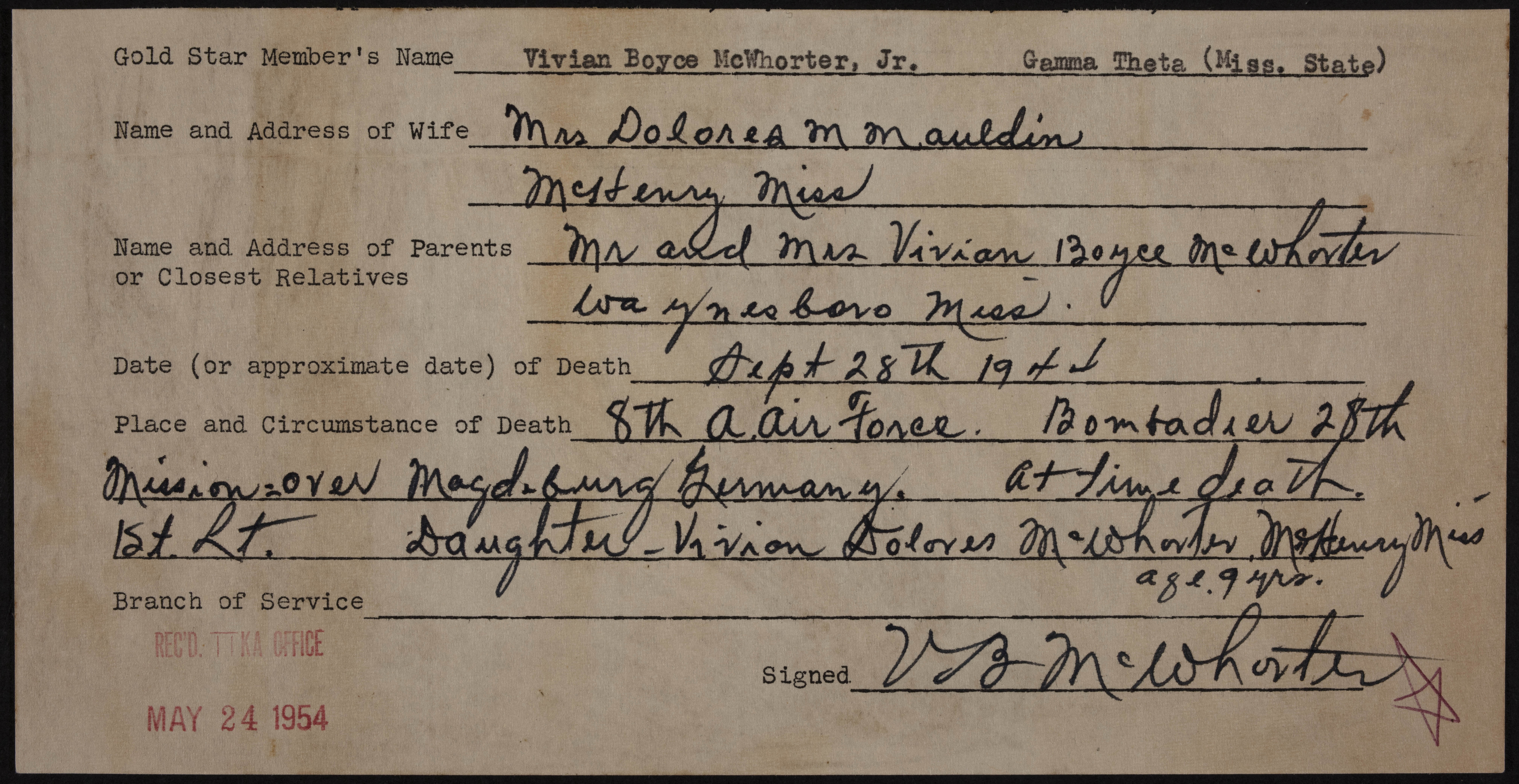 Vivian Boyce McWhorter Jr. War Record Form, May 24, 1954