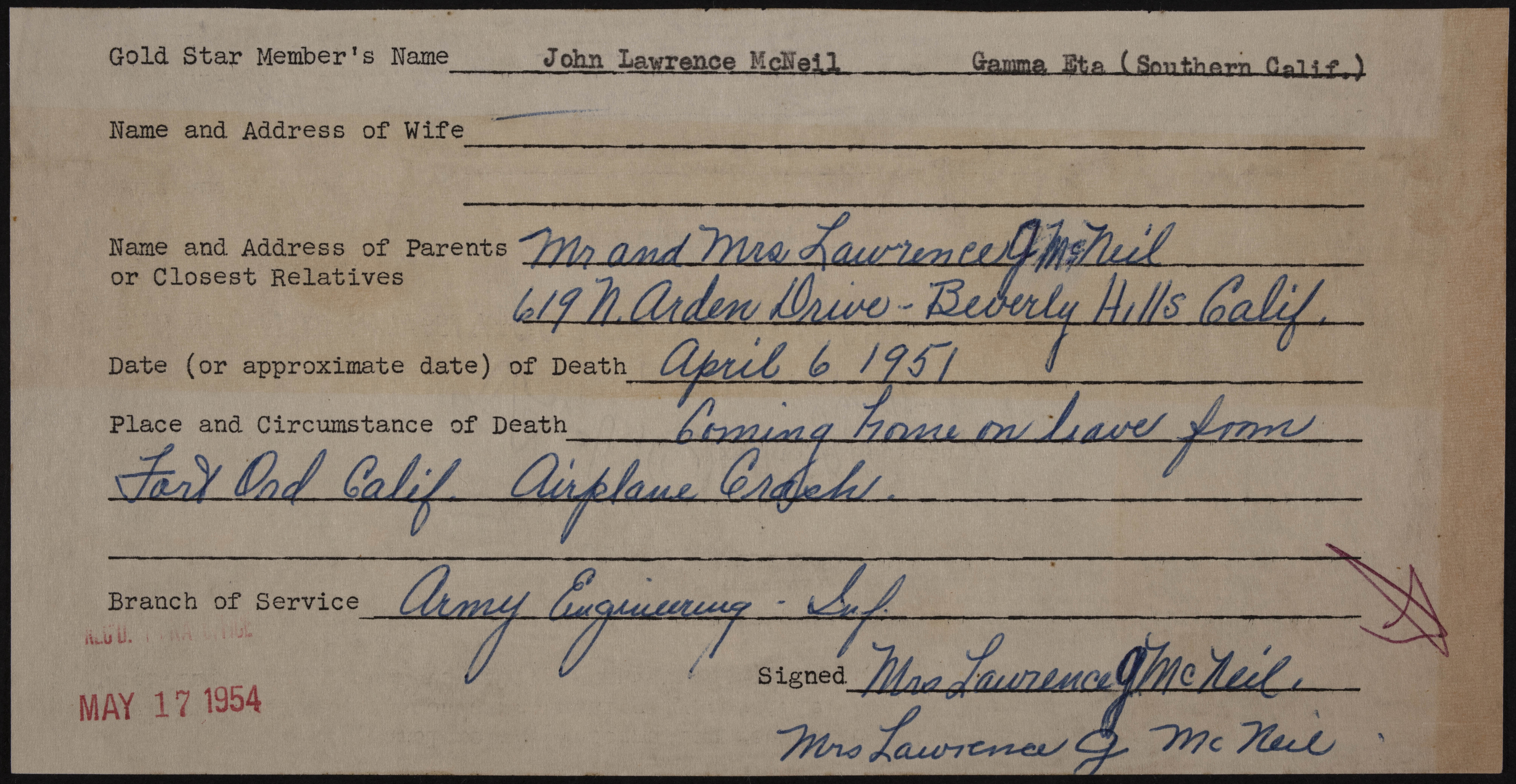 John Lawrence McNeil War Record Form, May 17, 1954