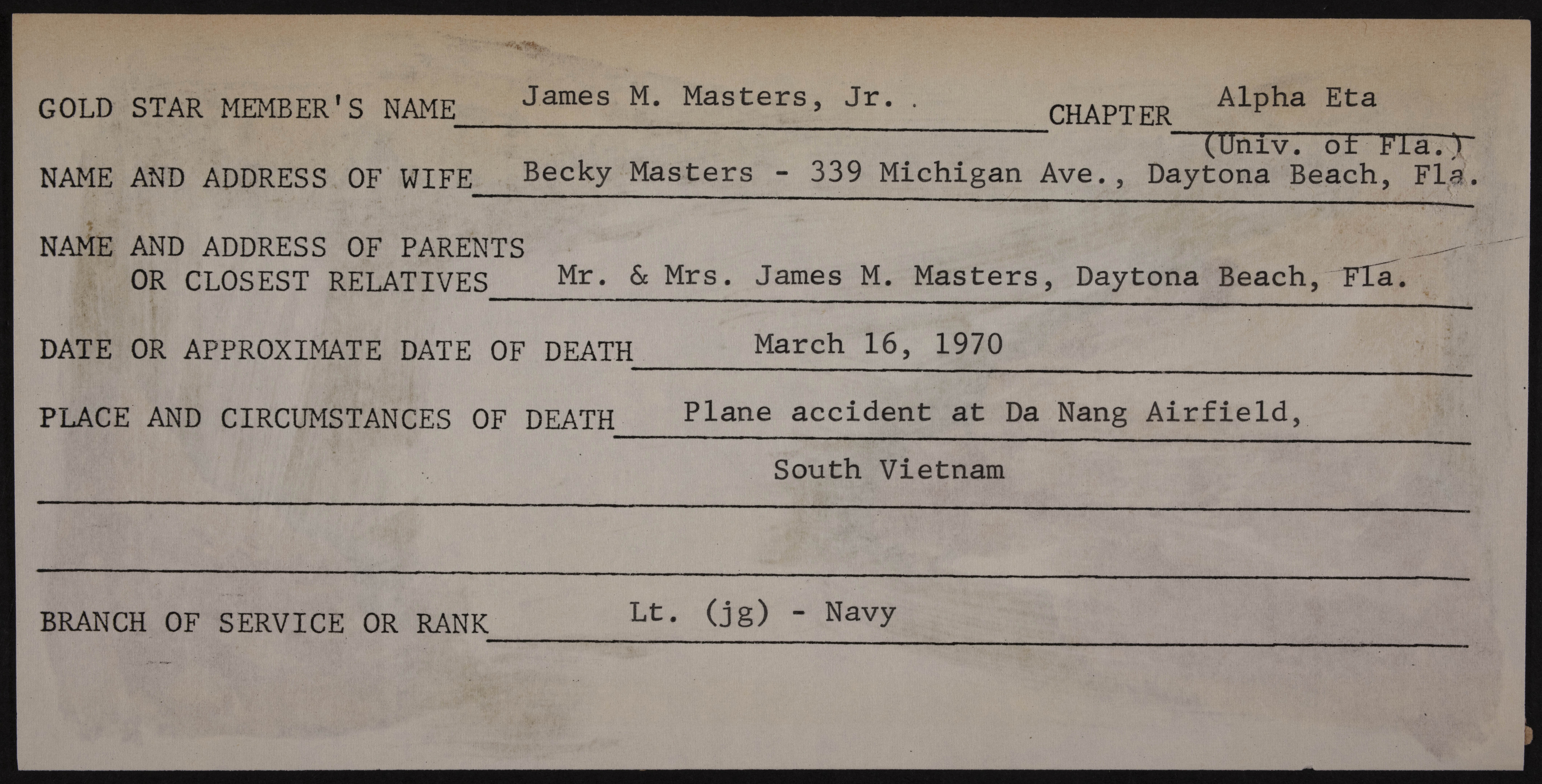 James M. Masters Jr. War Record Form