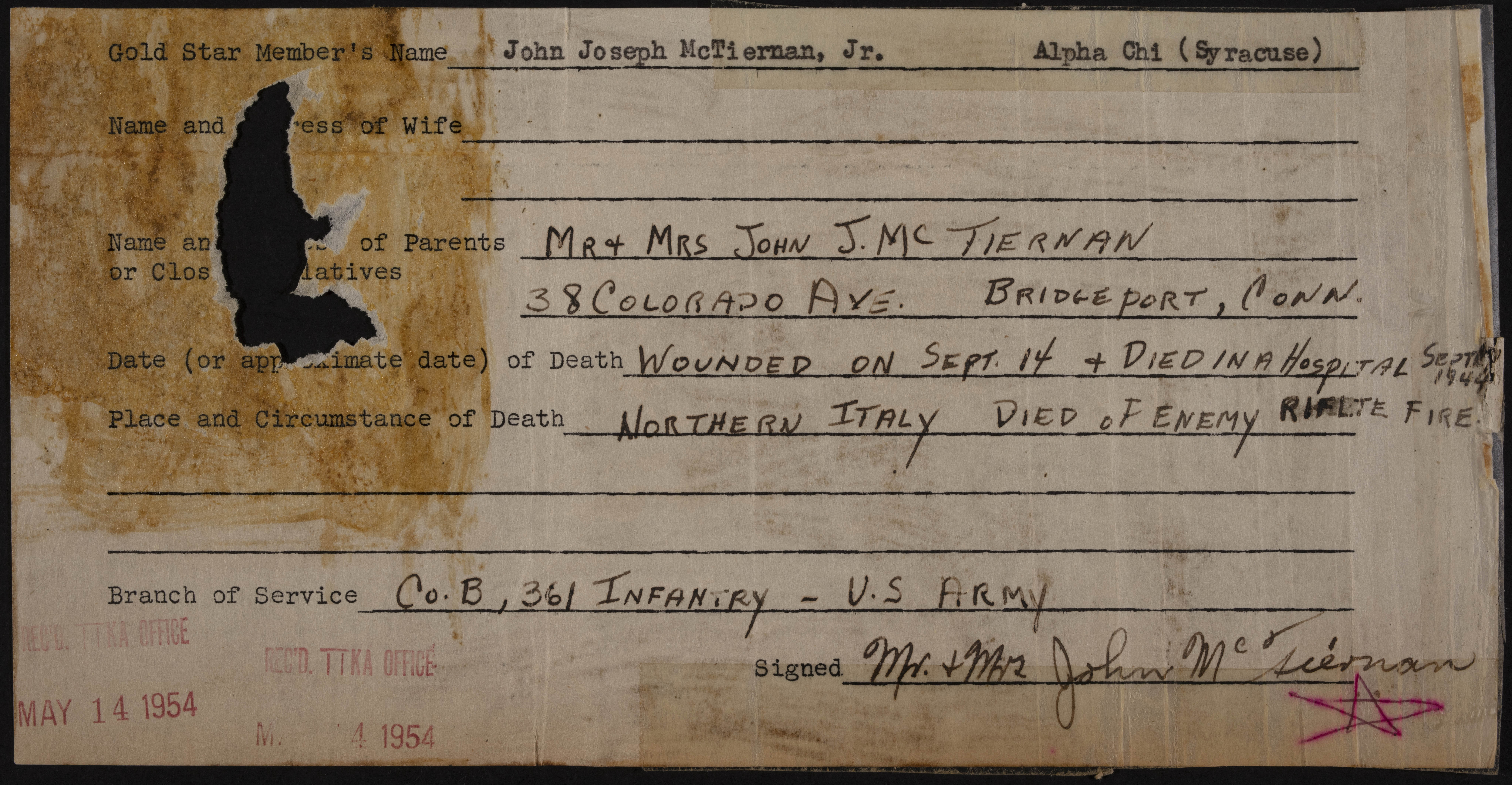 John Joseph McTiernan War Record Form, May 14, 1954