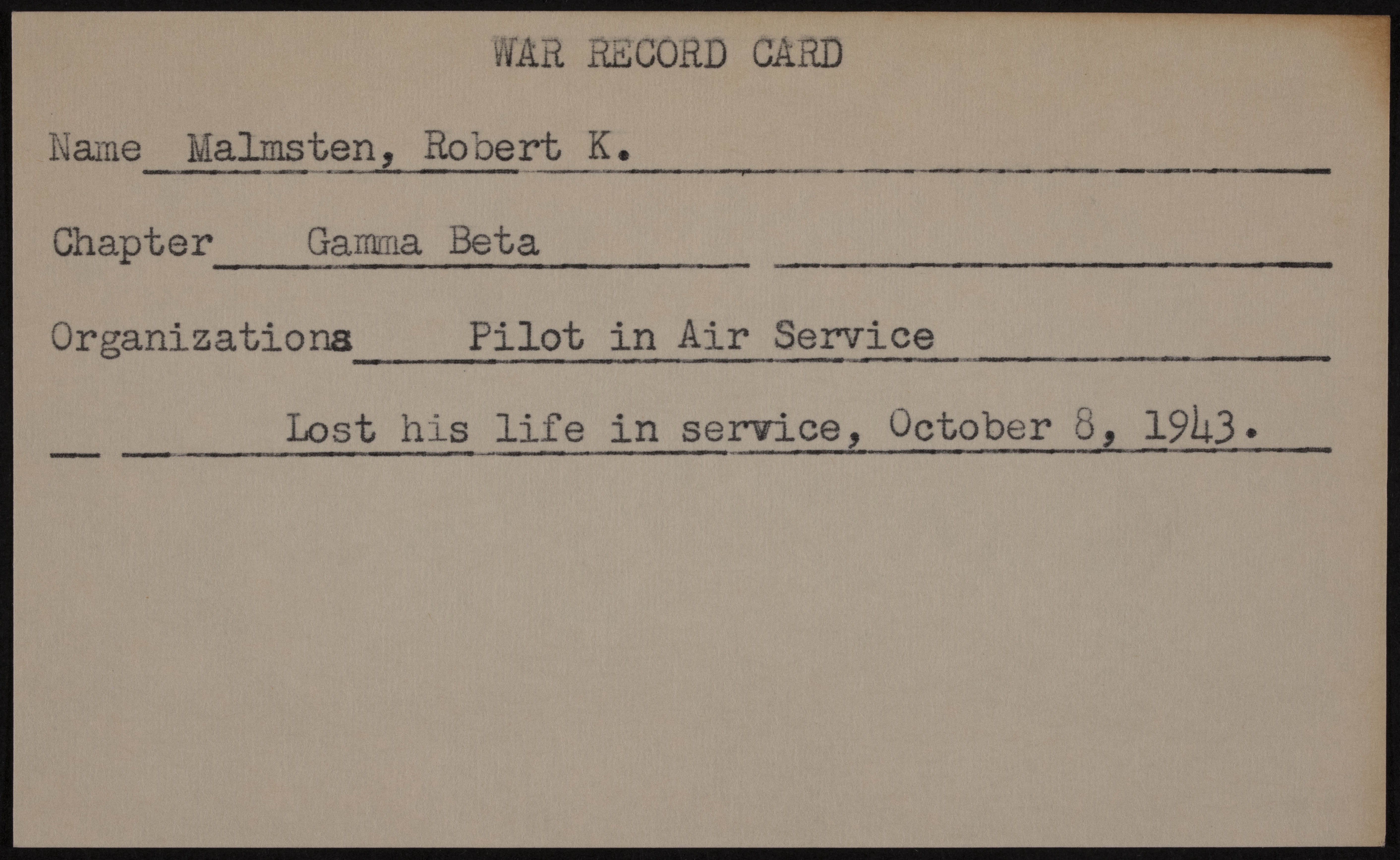 Robert Keith Halmsten War Record Card