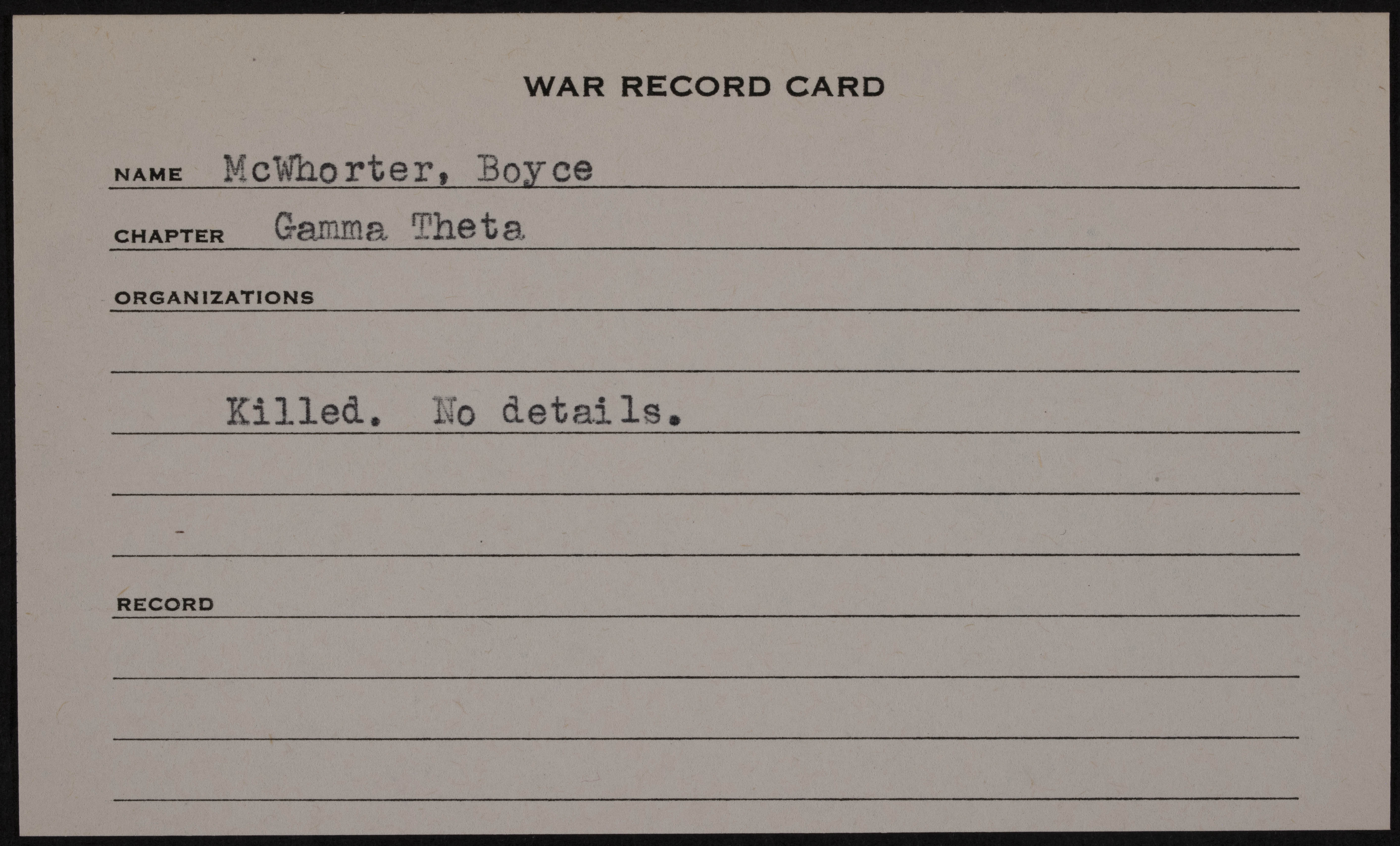 Vivian Boyce McWhorter Jr. War Record Card