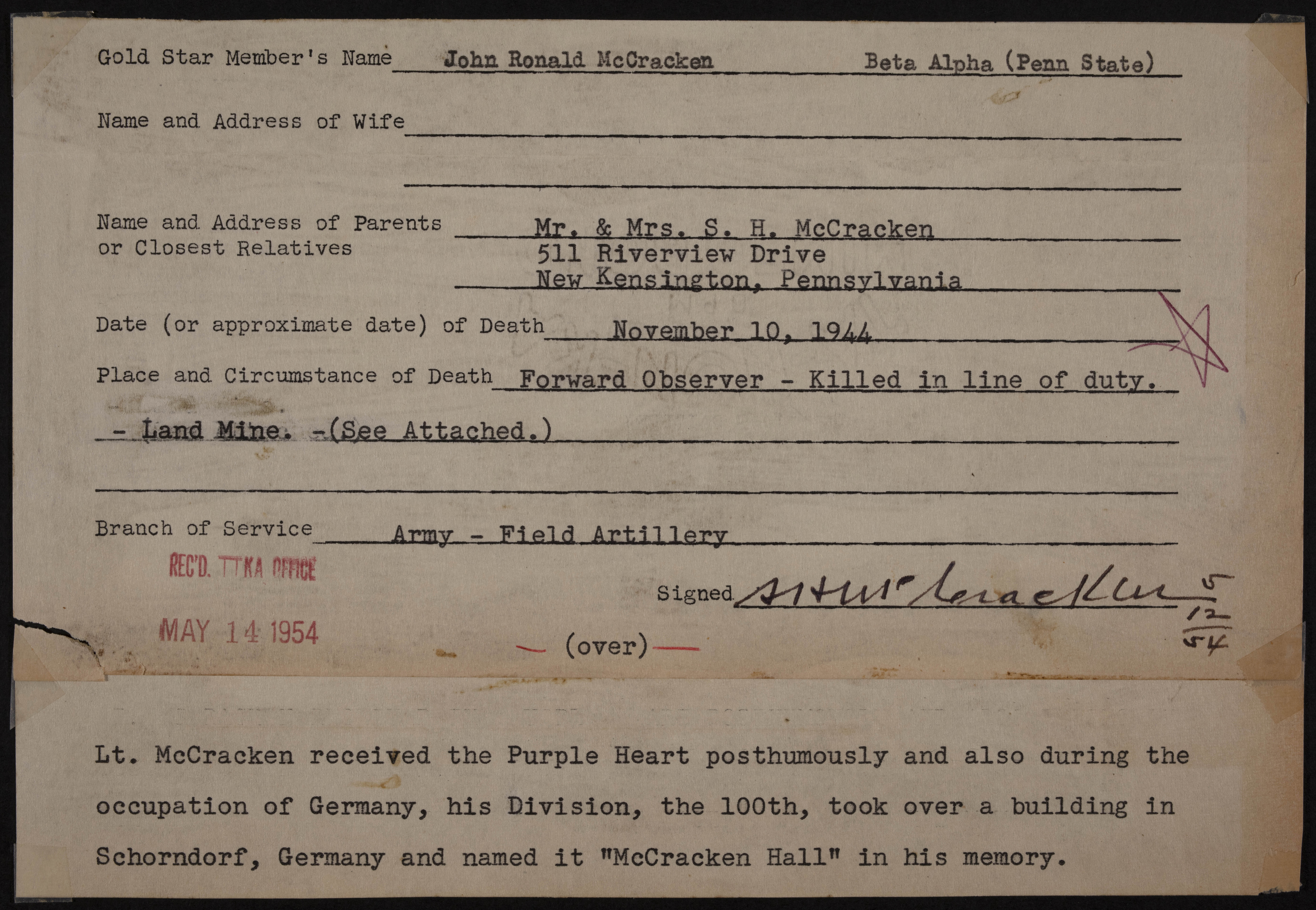 John Ronald McCracken War Record Form, May 14, 1954