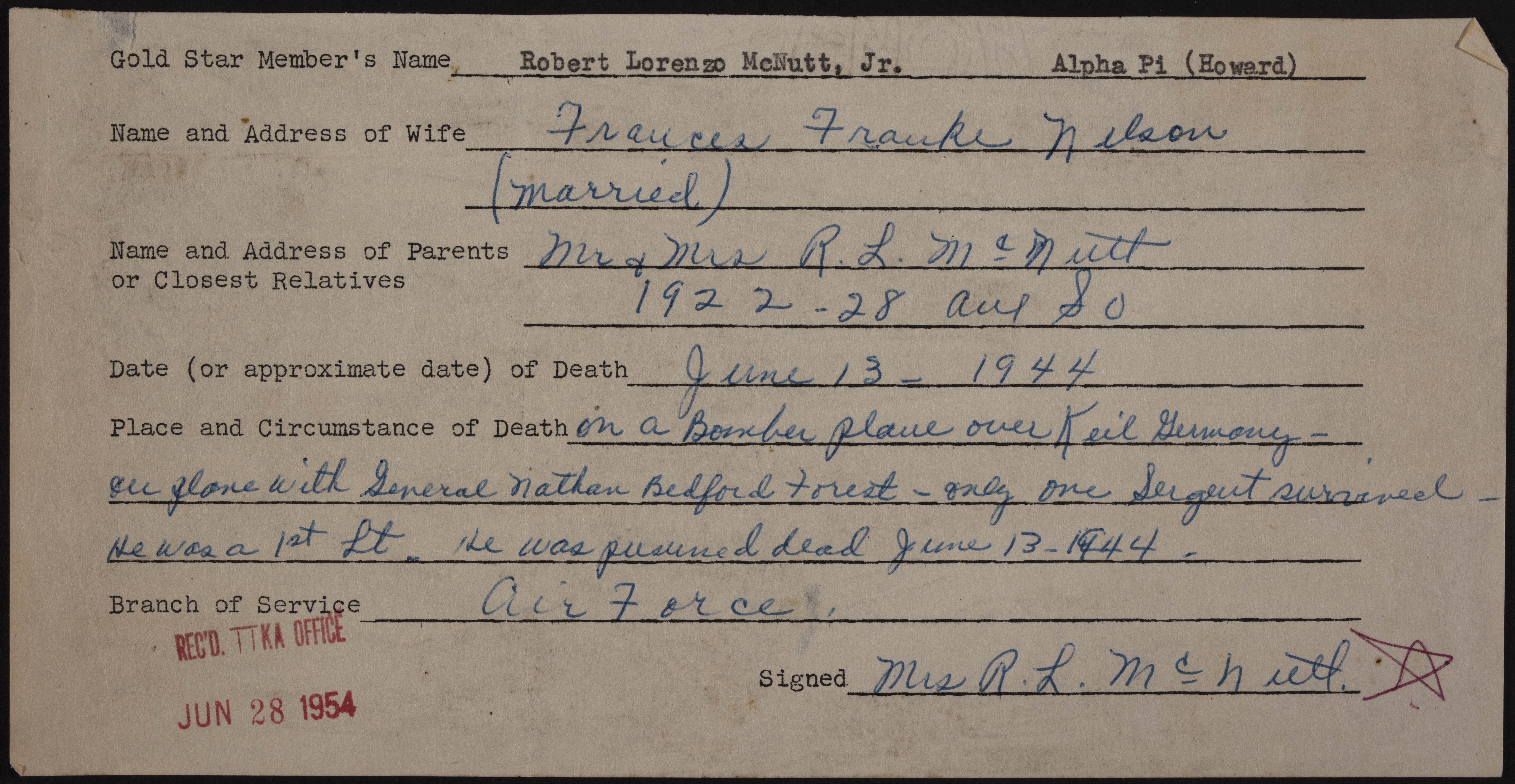 Robert Lorenzo McNutt Jr. War Record Form, June 28, 1954