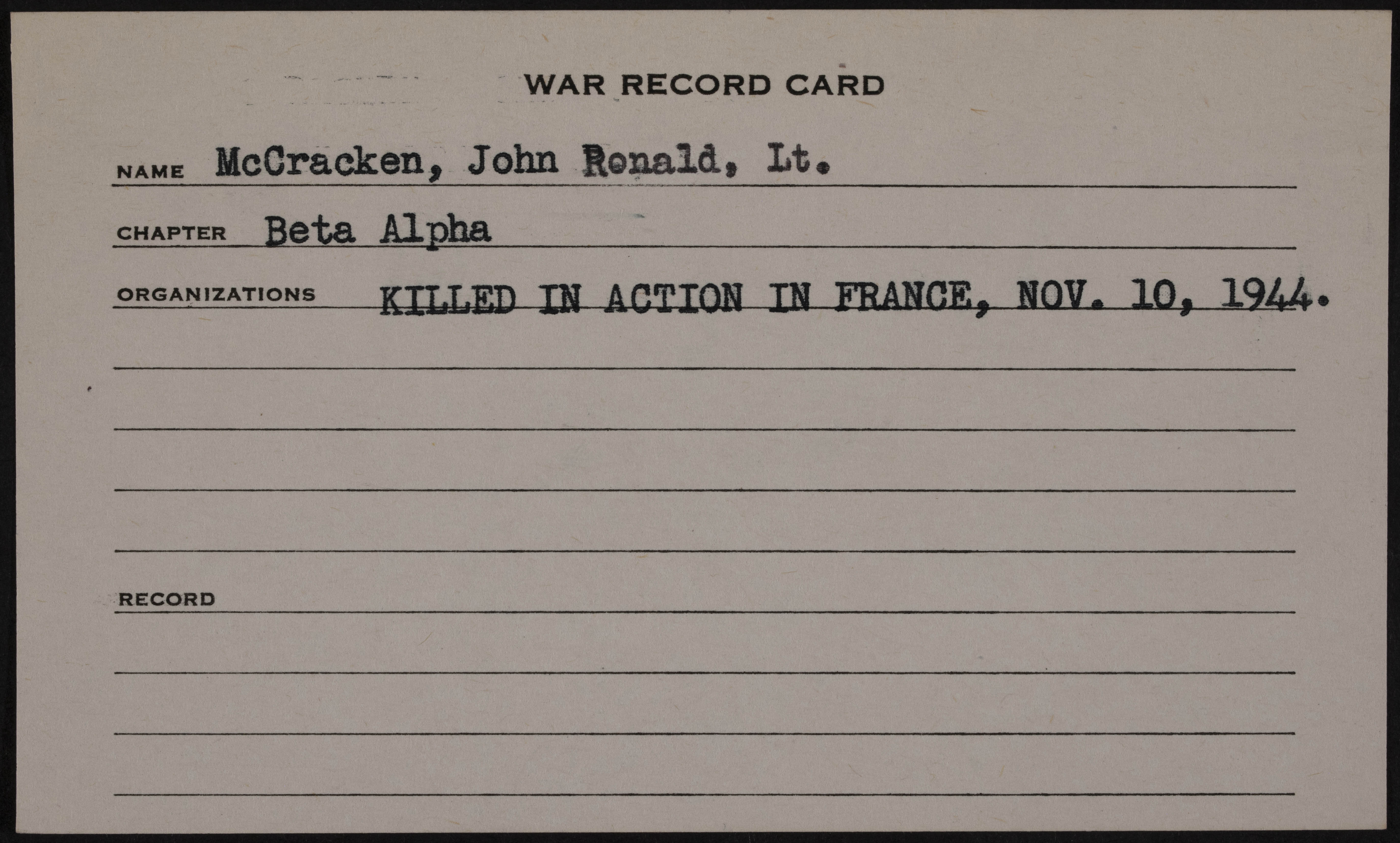 John Ronald McCracken War Record Card