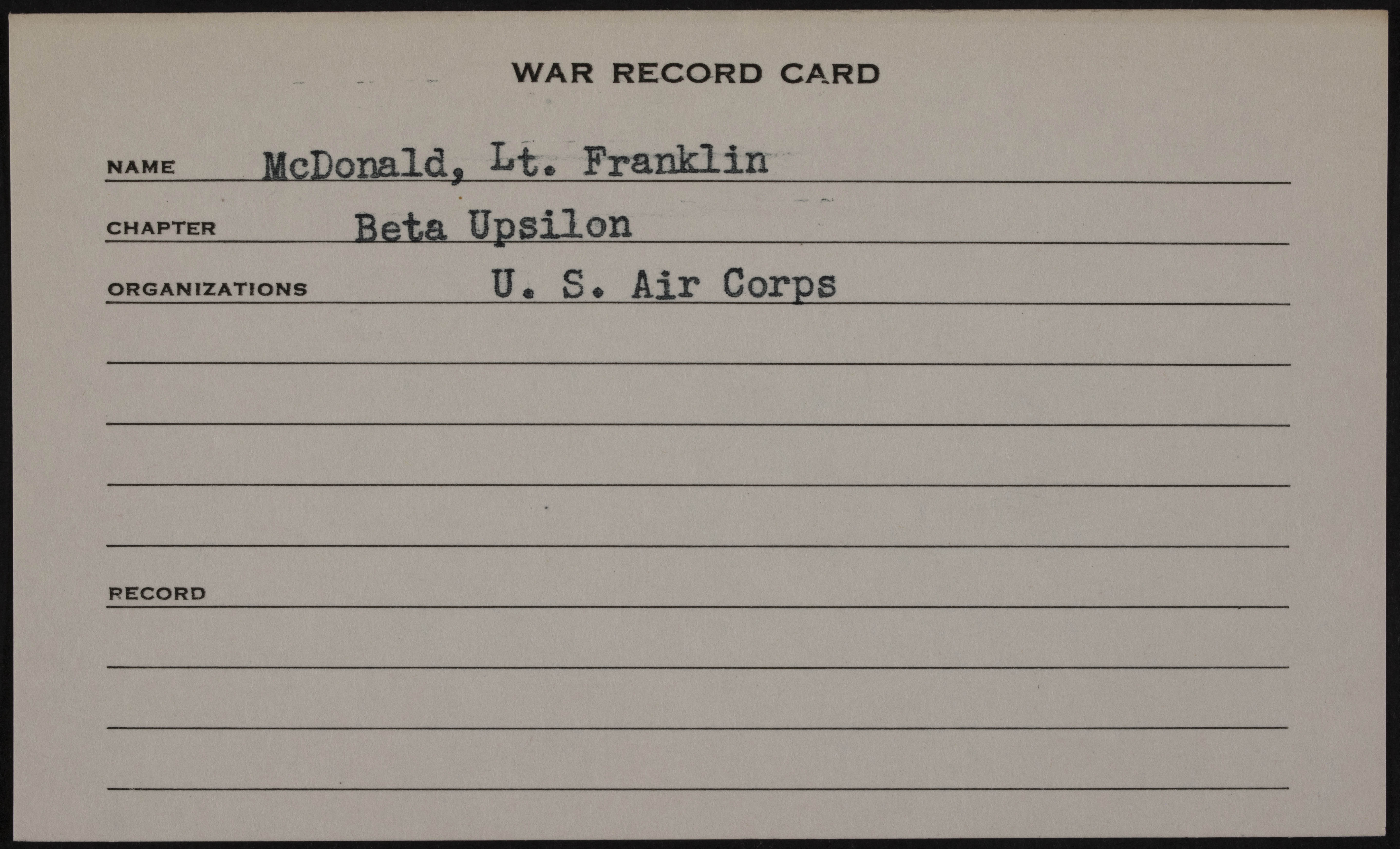Franklin Joseph McDonald Jr. War Record Card