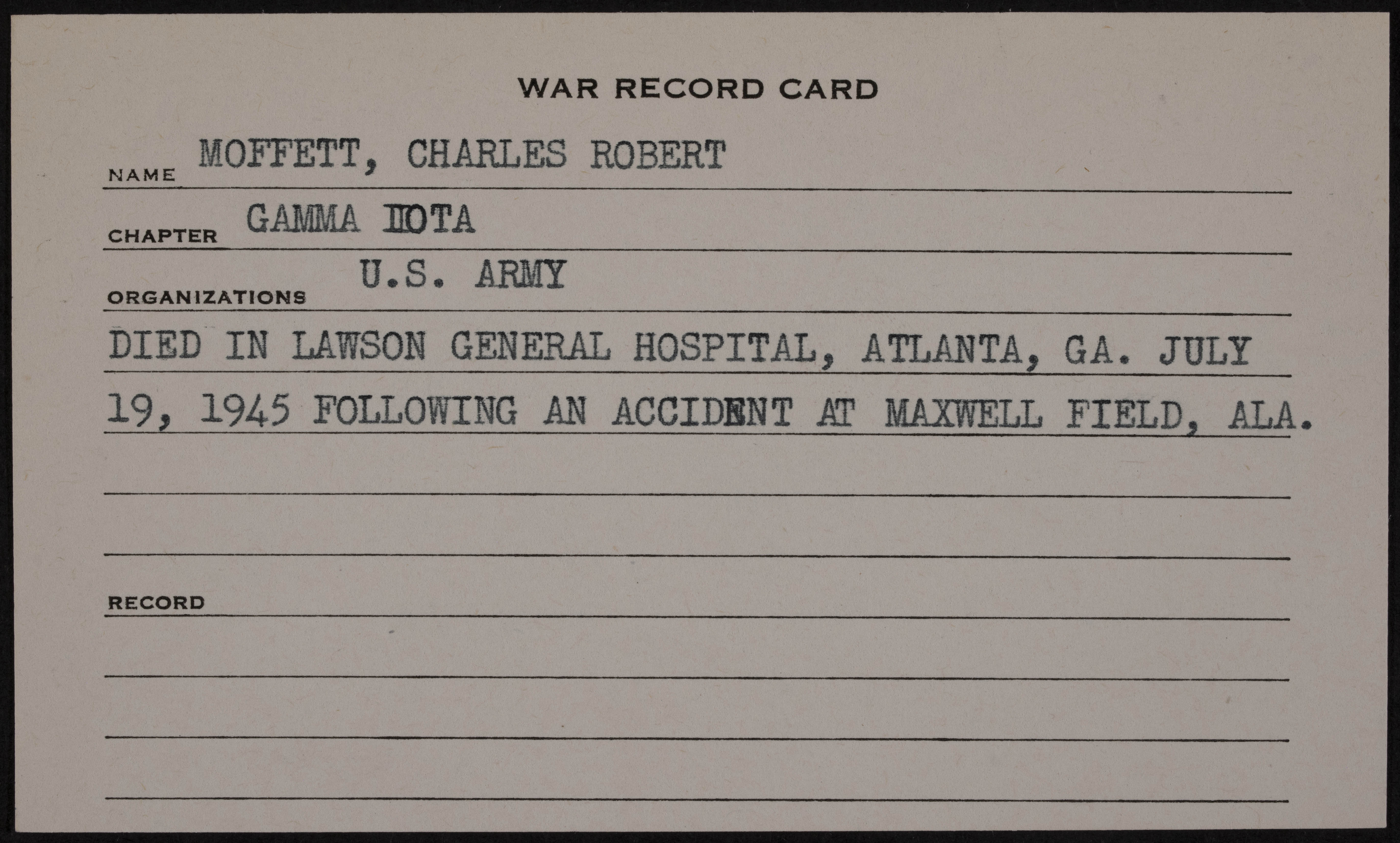 Charles Robert Moffett War Record Card
