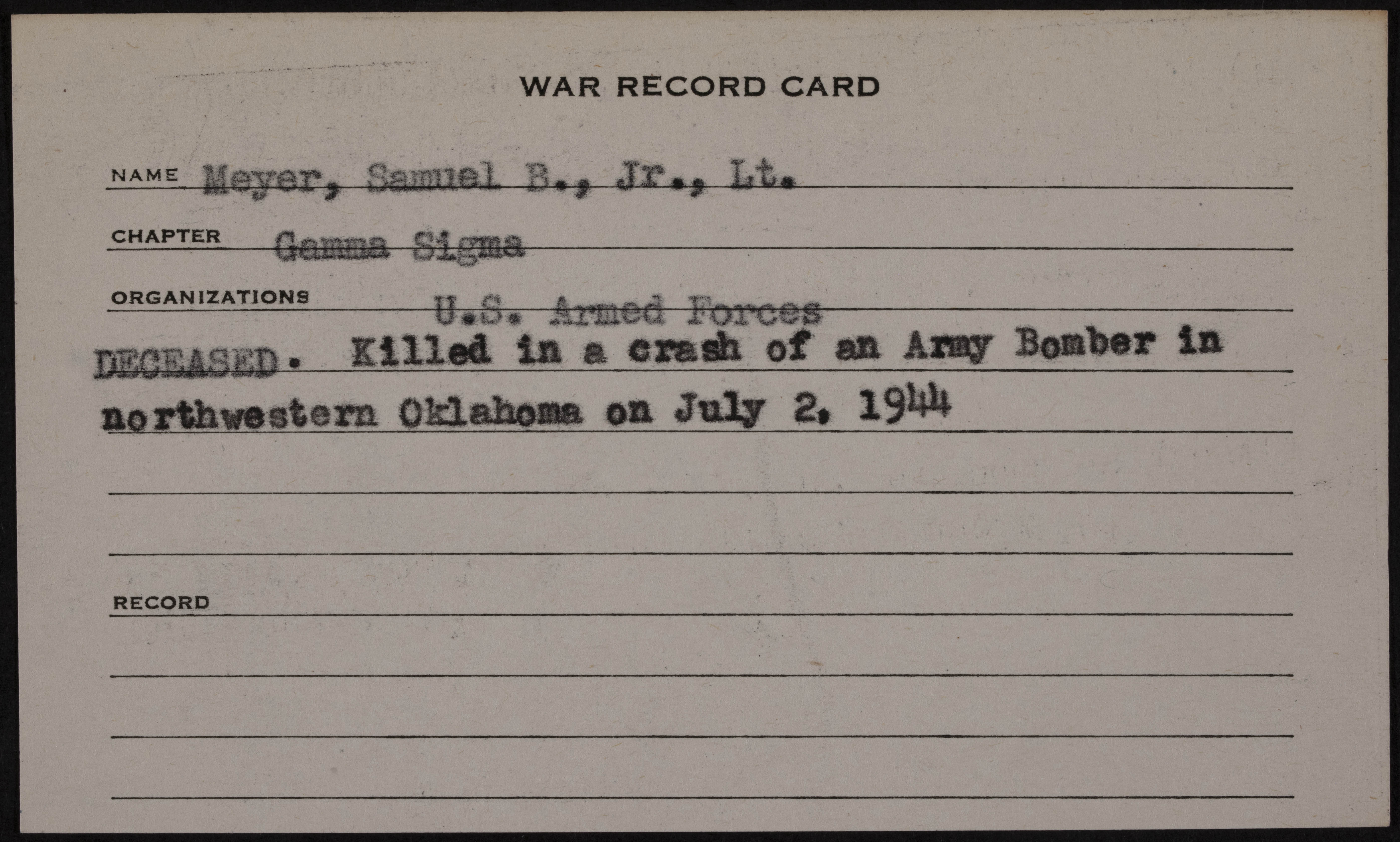Samuel Bernhard Meyer War Record Card