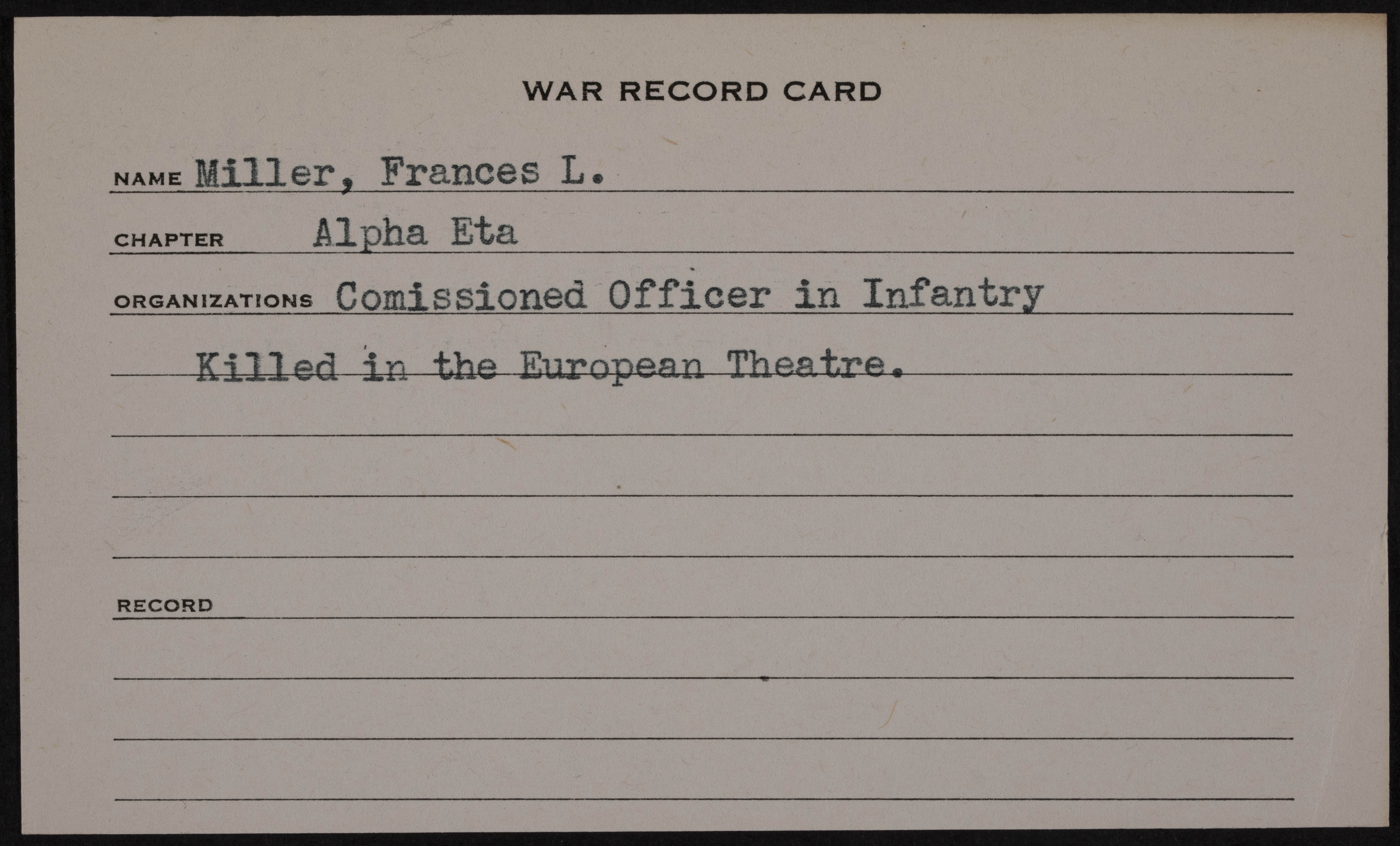 Francis Leonard Miller Jr. War Record Card