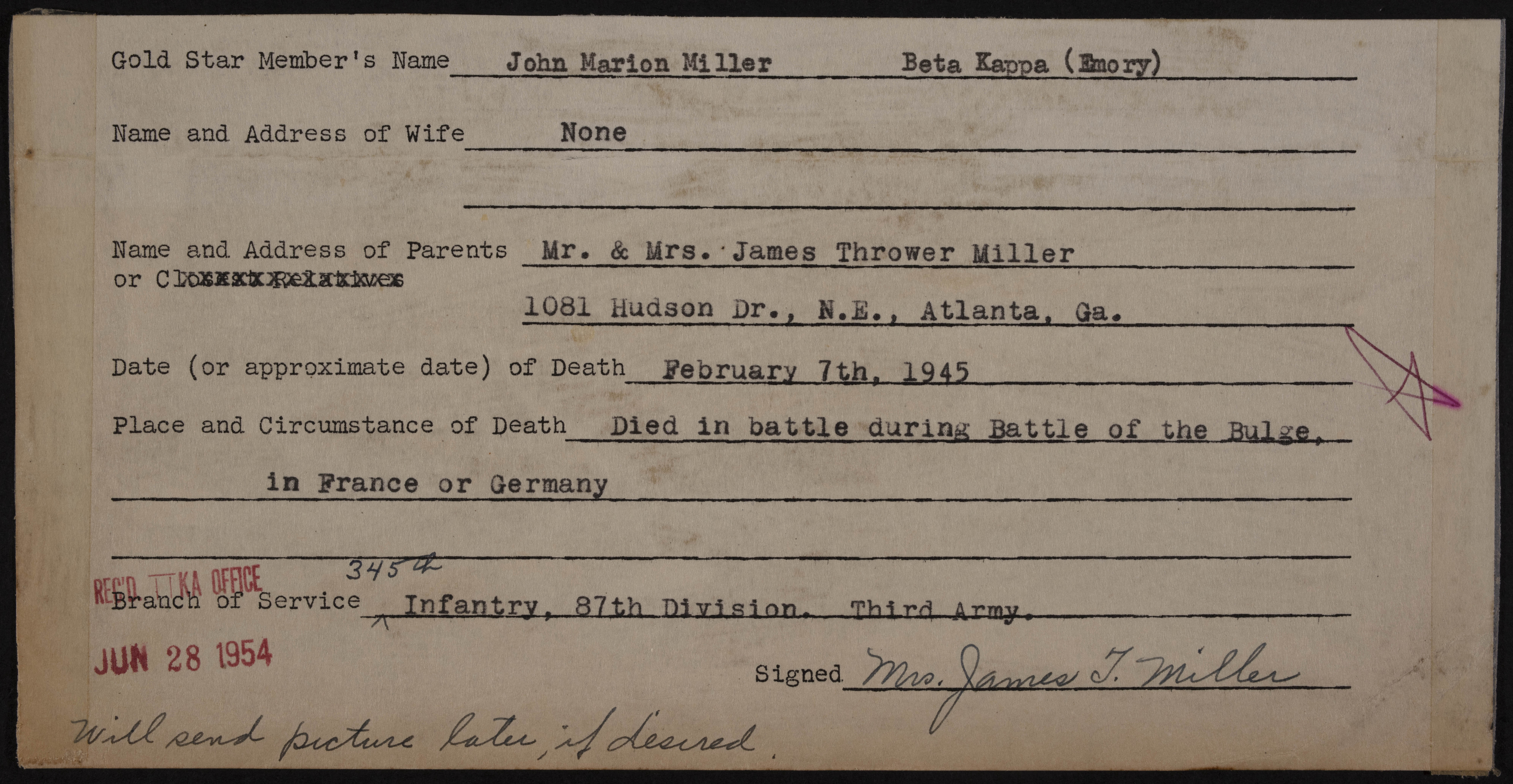 John Marion Miller War Record Form, June 28, 1954