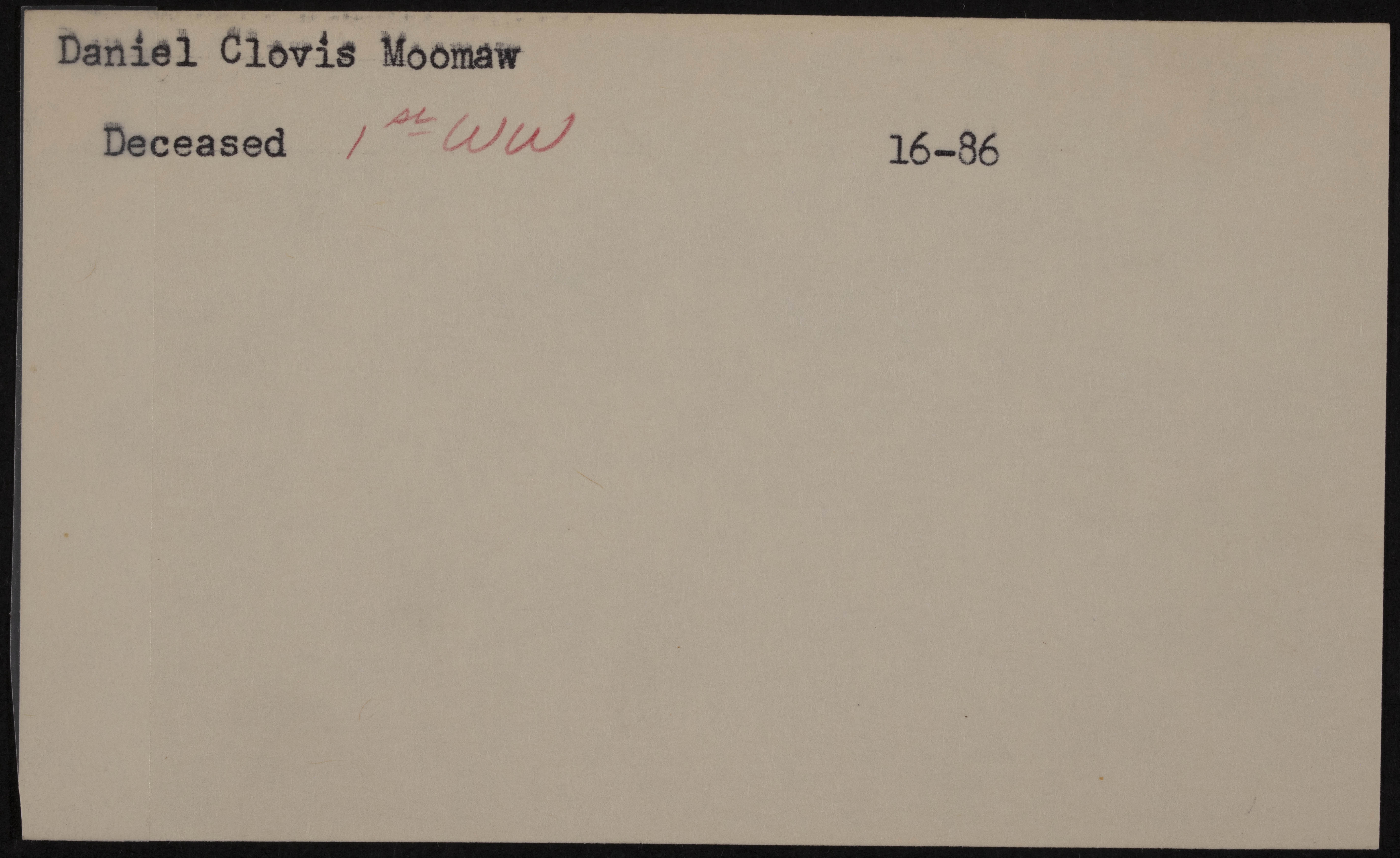 Daniel Clovis Moomaw War Record Card