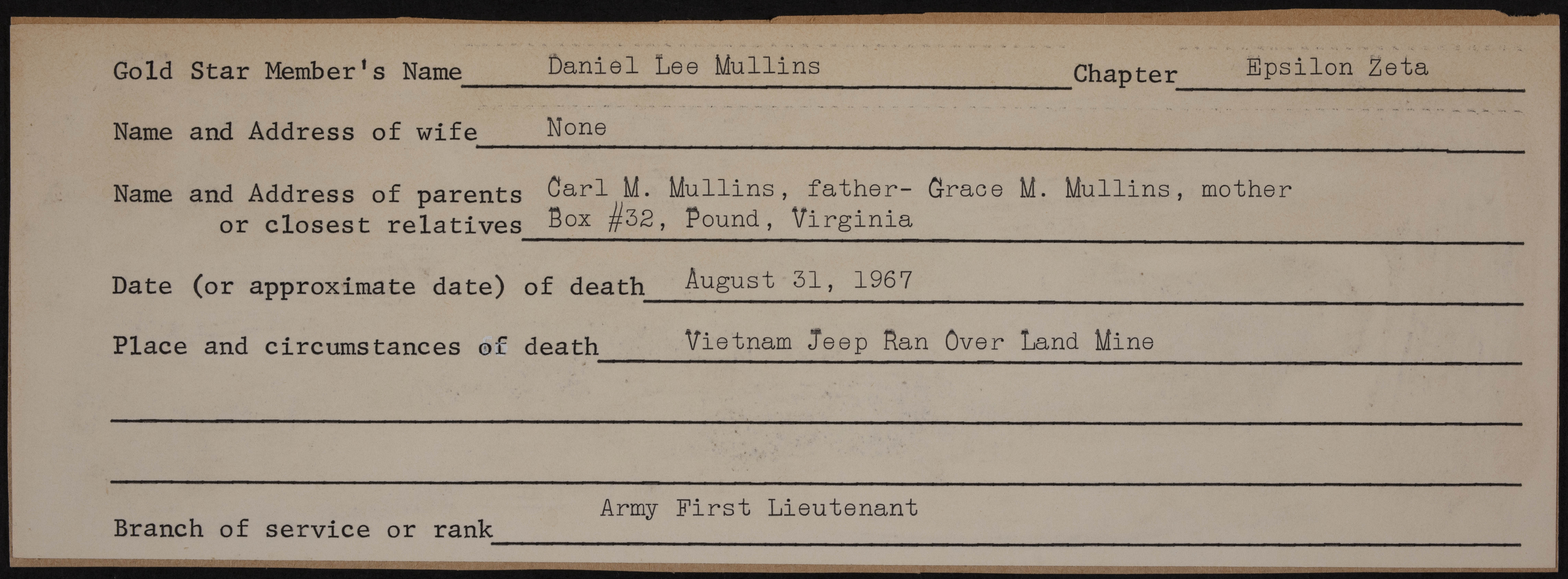 Daniel Lee Mullins War Record Form