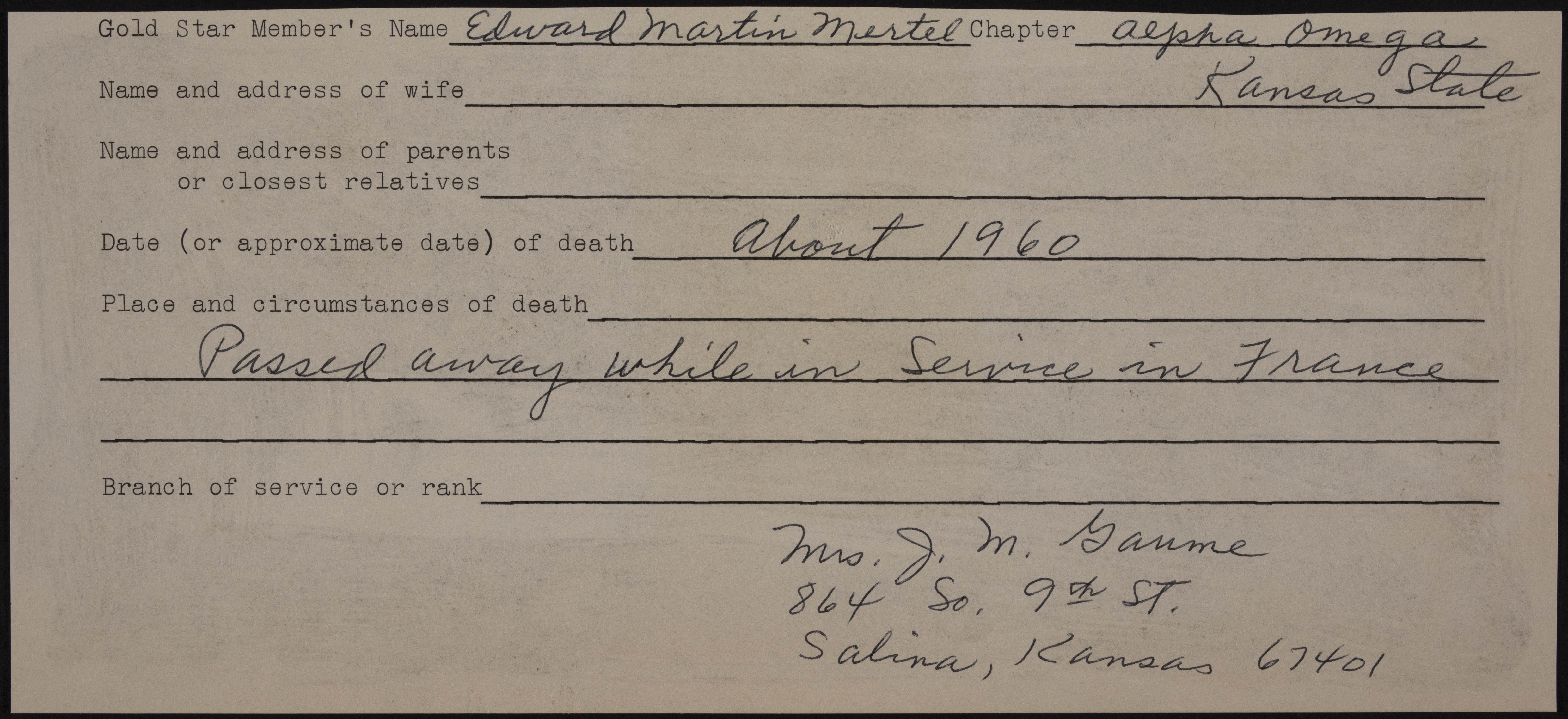 Edward Martin Mertel War Record Form