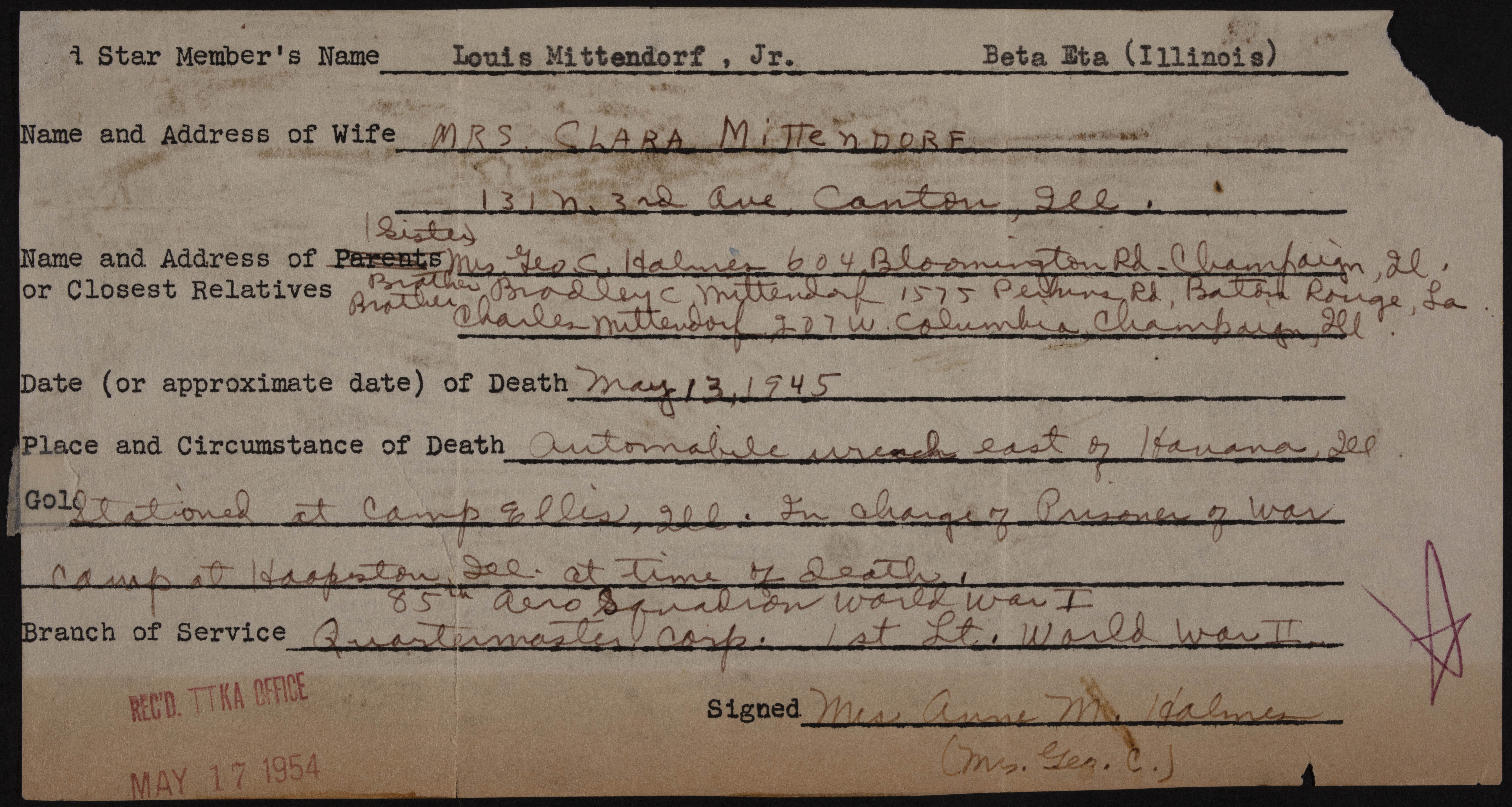 Louis Mittendorf Jr. War Record Form, May 17, 1954