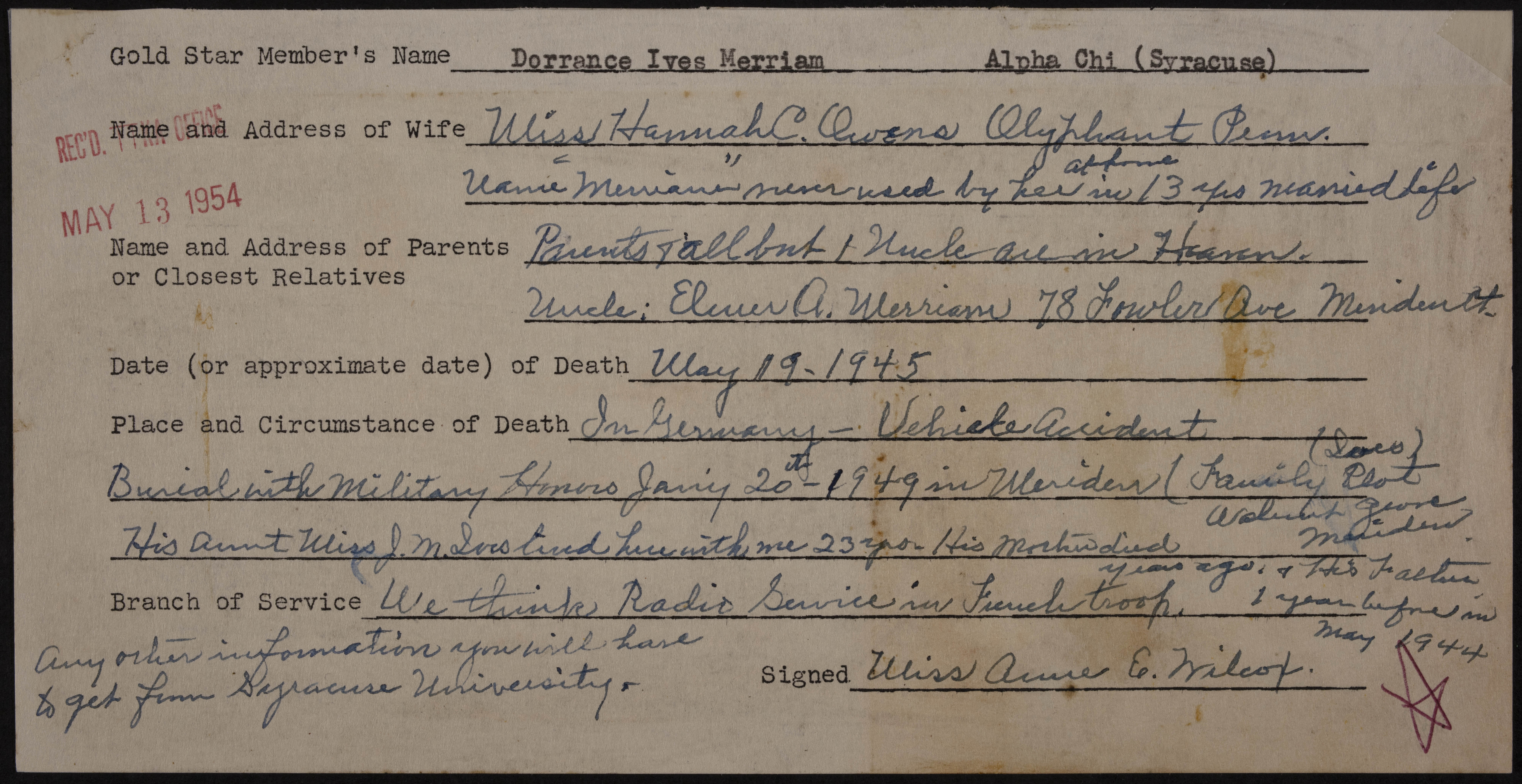 Dorrance Ives Merriam War Record Form, May 13, 1954