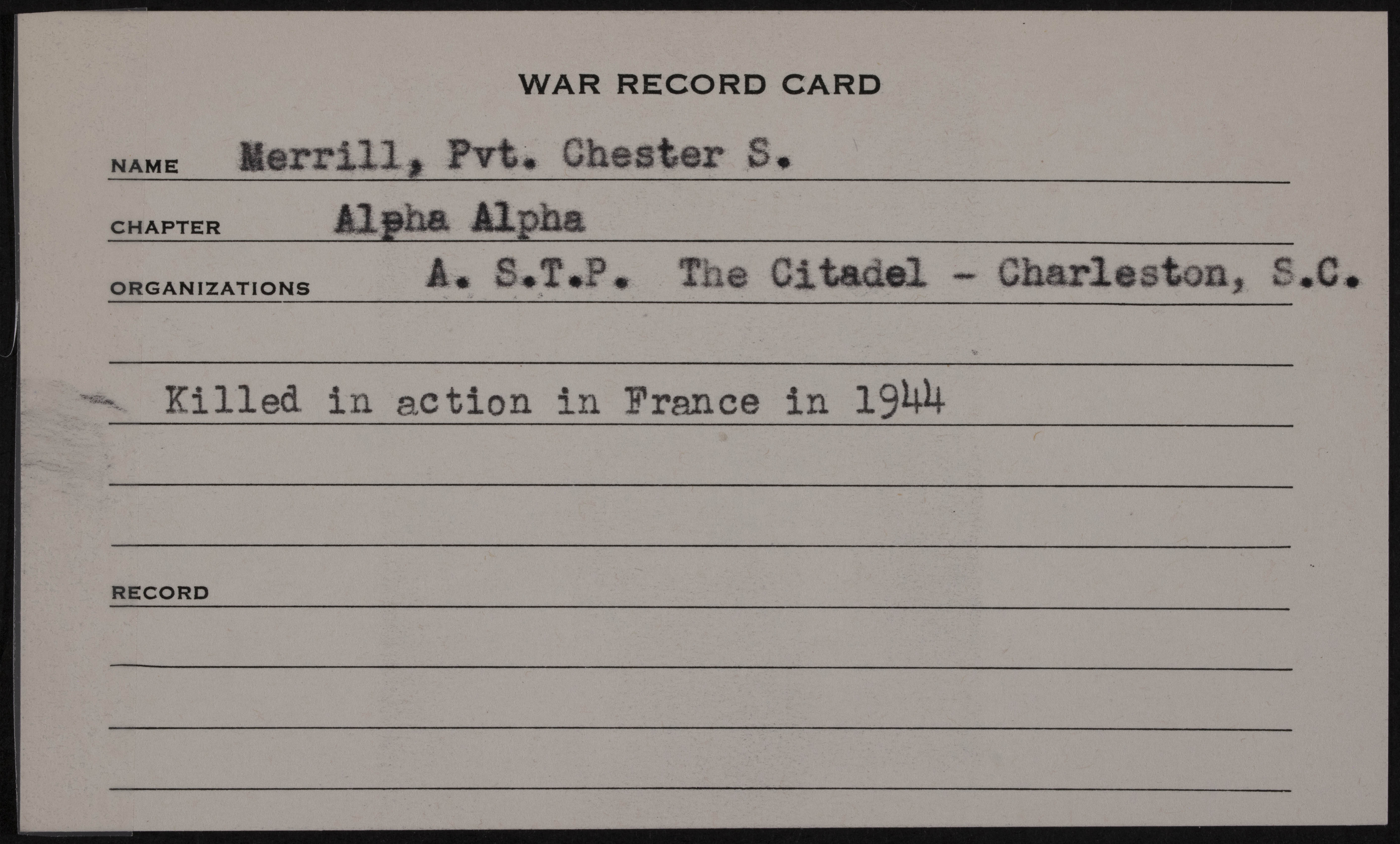Chester Stanley Merrill War Record Card