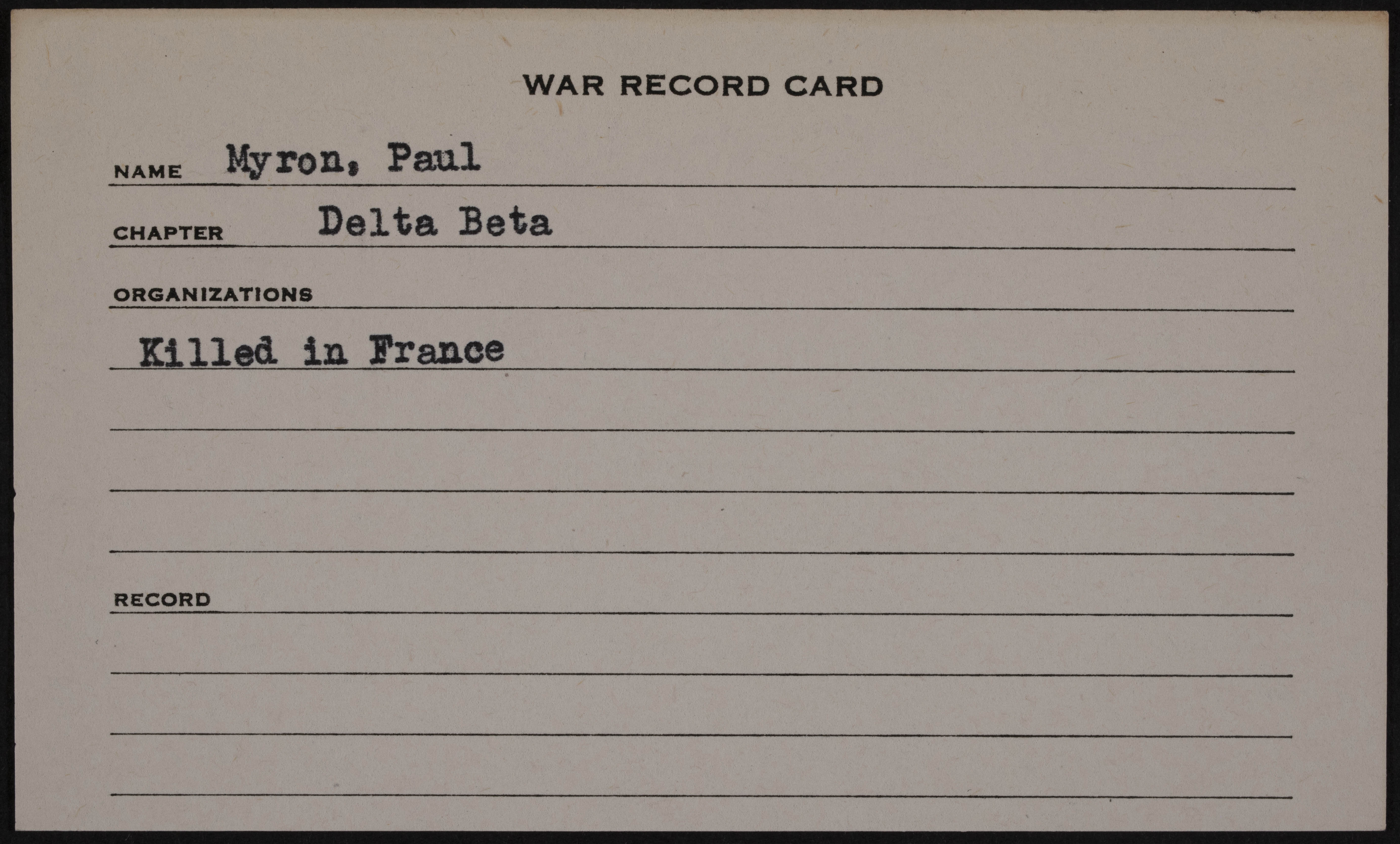 Paul R. Myron War Record Card