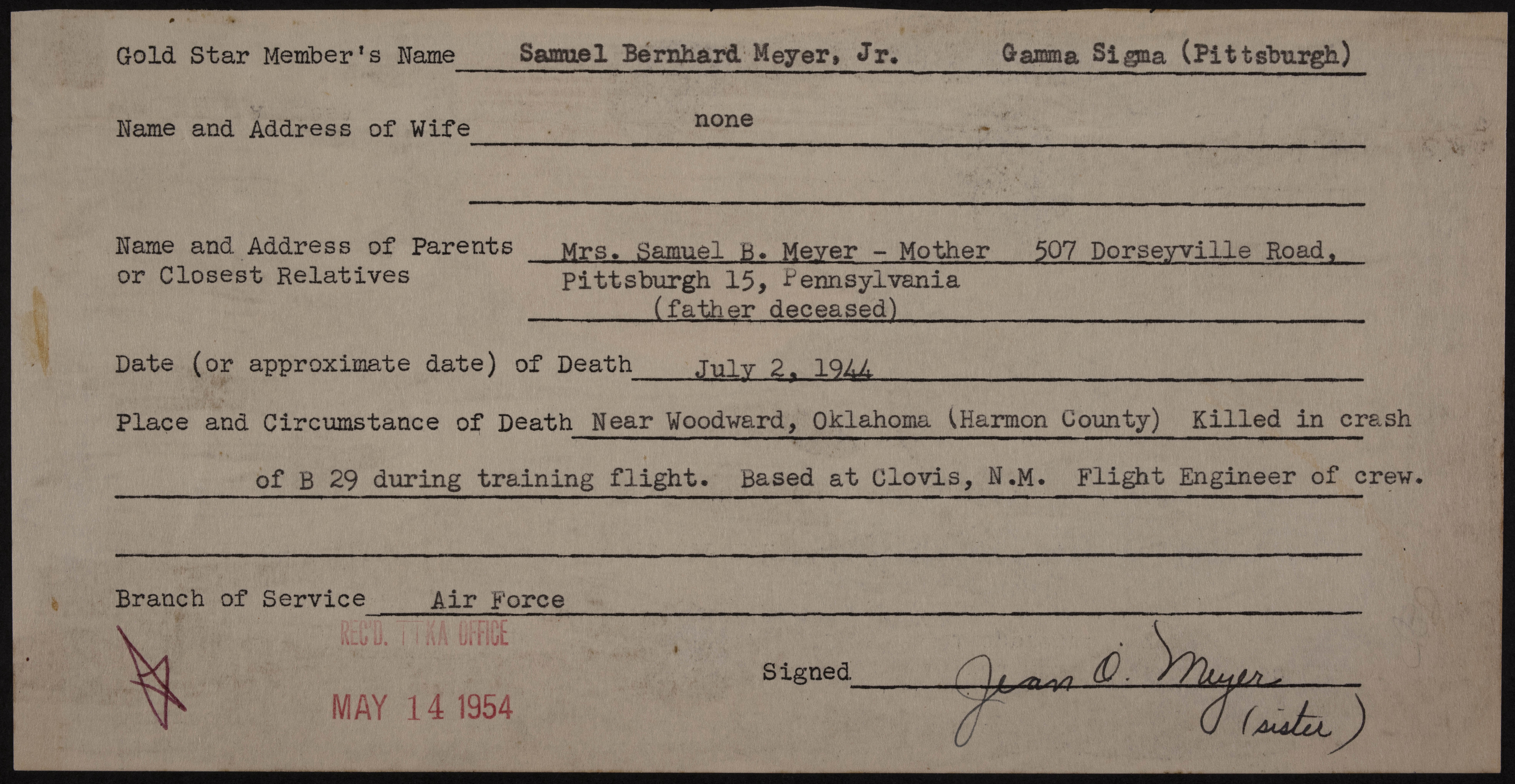 Samuel Bernhard Meyer War Record Form, May 14, 1954