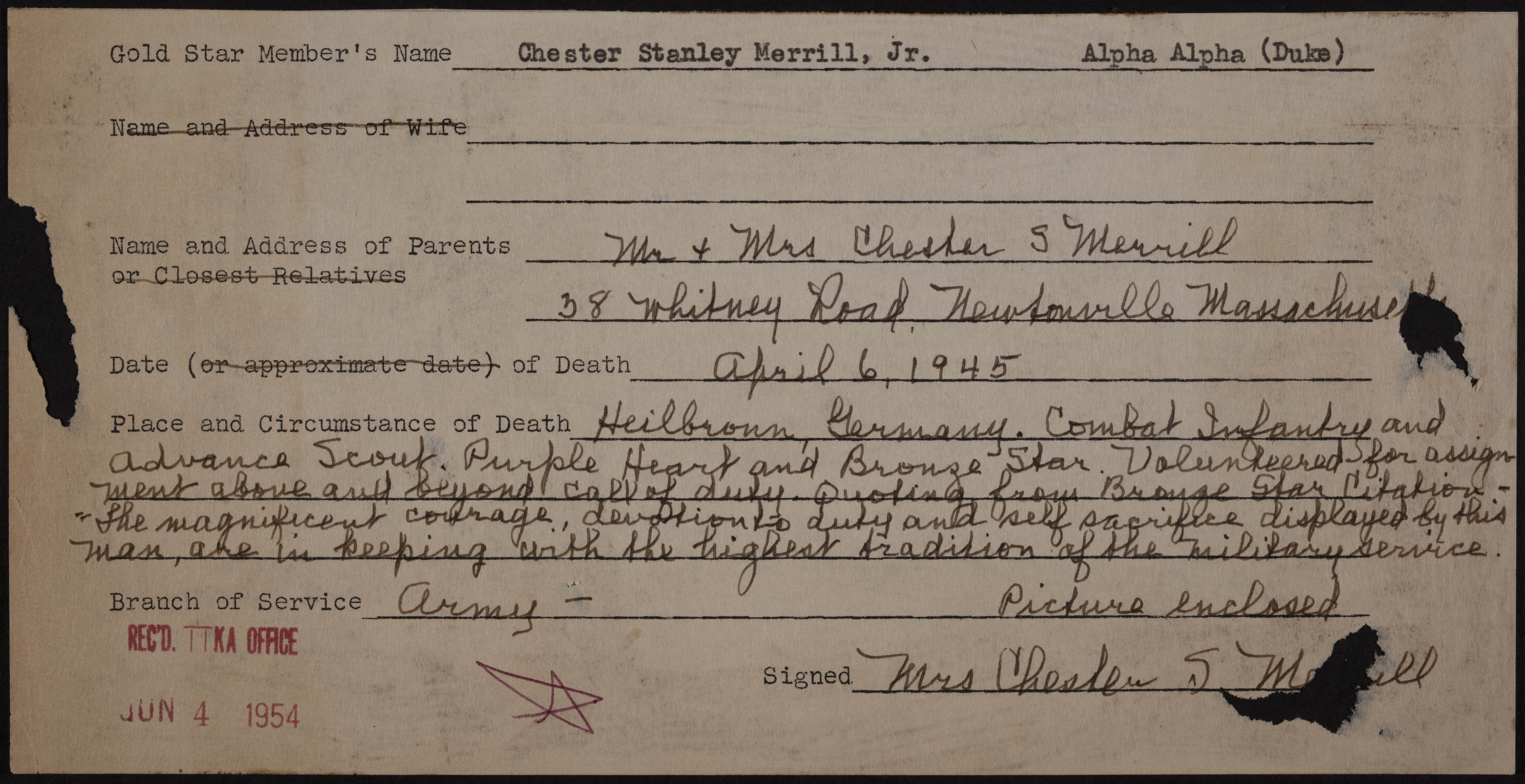 Chester Stanley Merrill War Record Form, June 4, 1954